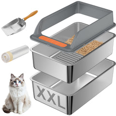 Yoochee caja arena para gatos sifadora de acero inoxidable con tapa, duradera y fácil de limpiar.