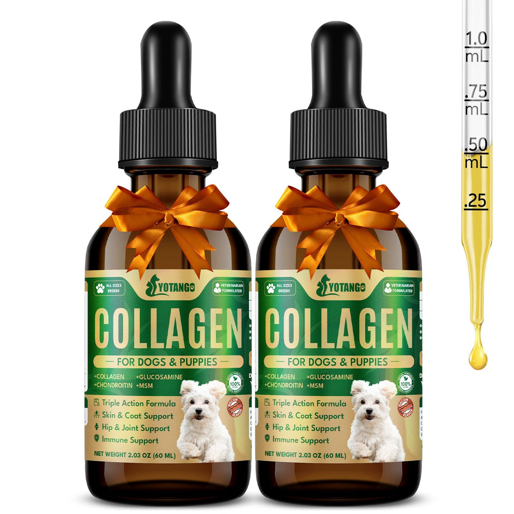YOTANGO colágeno líquido para perros, frasco frontal, apoya articulaciones saludables para caminatas.