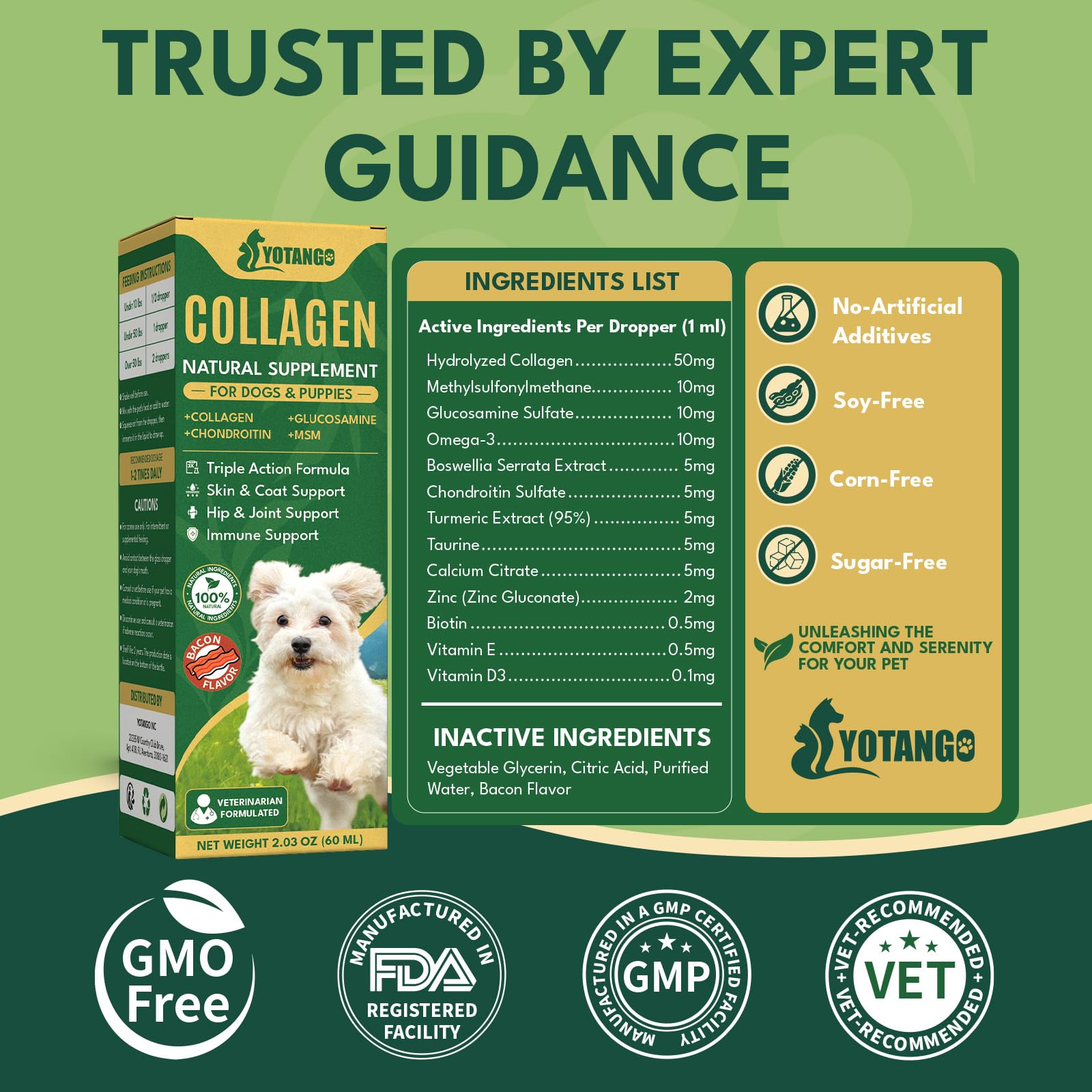 YOTANGO colágeno líquido para perros, junto al cuenco de agua, apoya una rutina diaria de bienestar.