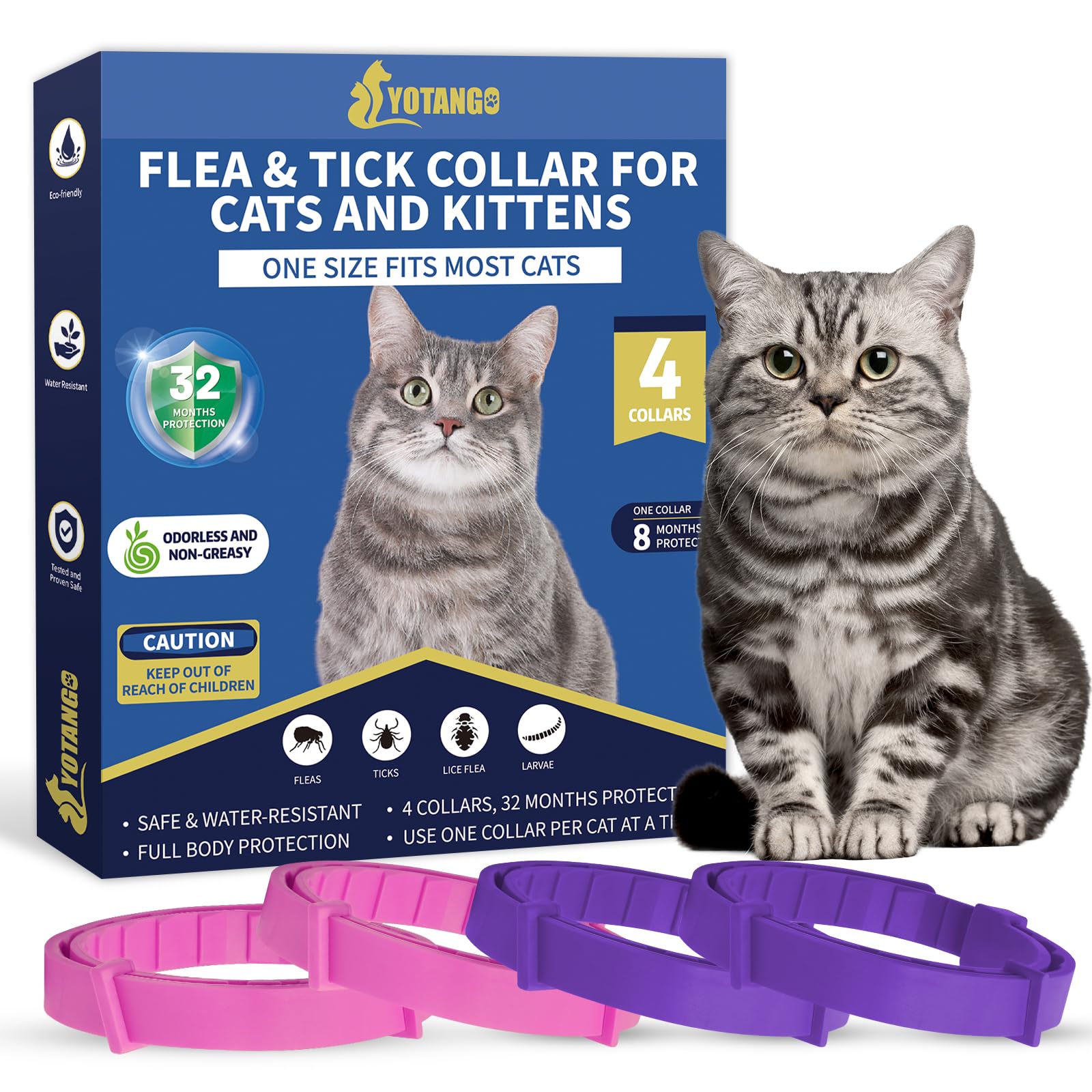 Collares antipulgas YOTANGO para gatos, conjunto de 4, visión general del paquete.