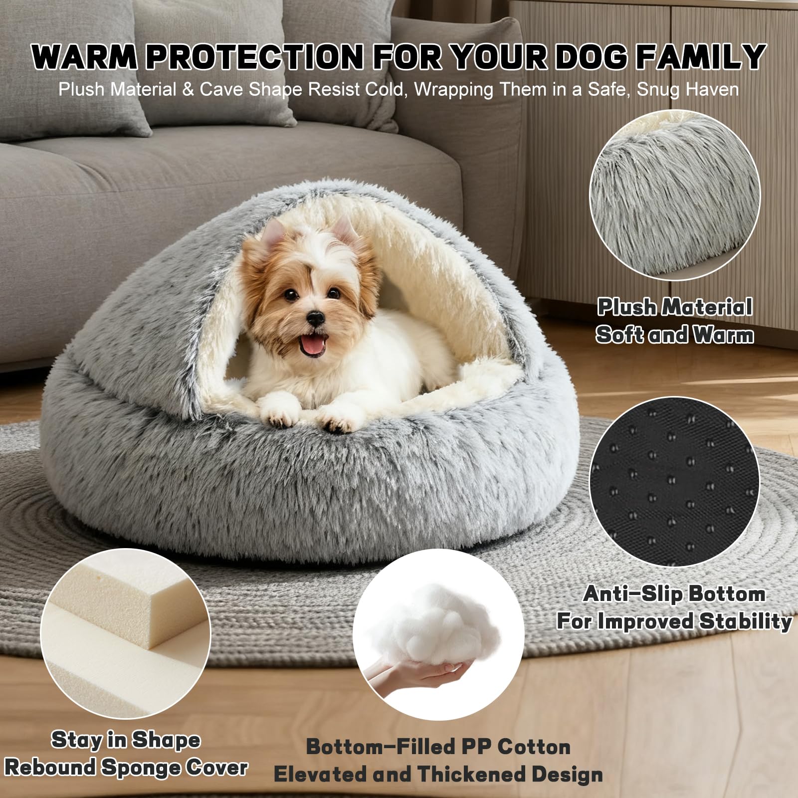 Cama YUDANSI para gato interior, cueva de felpa gris para descanso cómodo.