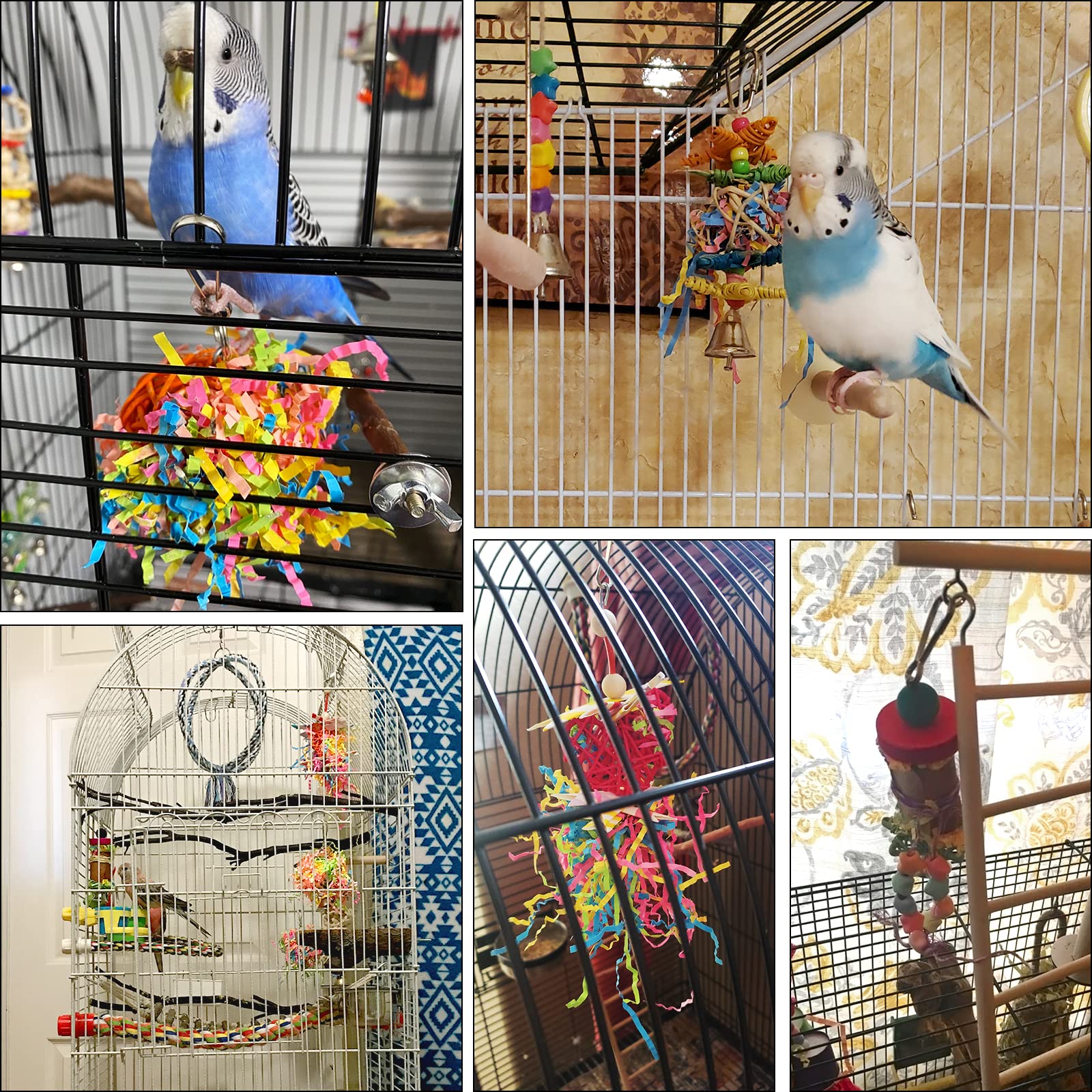 Juguete YUEPET con piezas coloridas para aves pequeñas y prevención del aburrimiento.