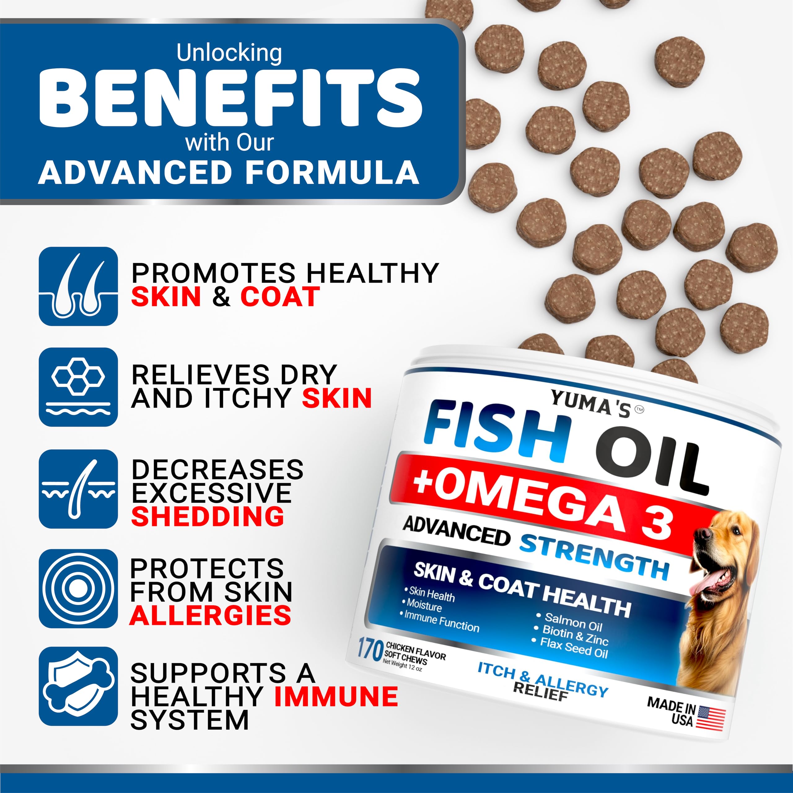Botella de YUMA'S Omega 3 para perros, lista para la rutina diaria.