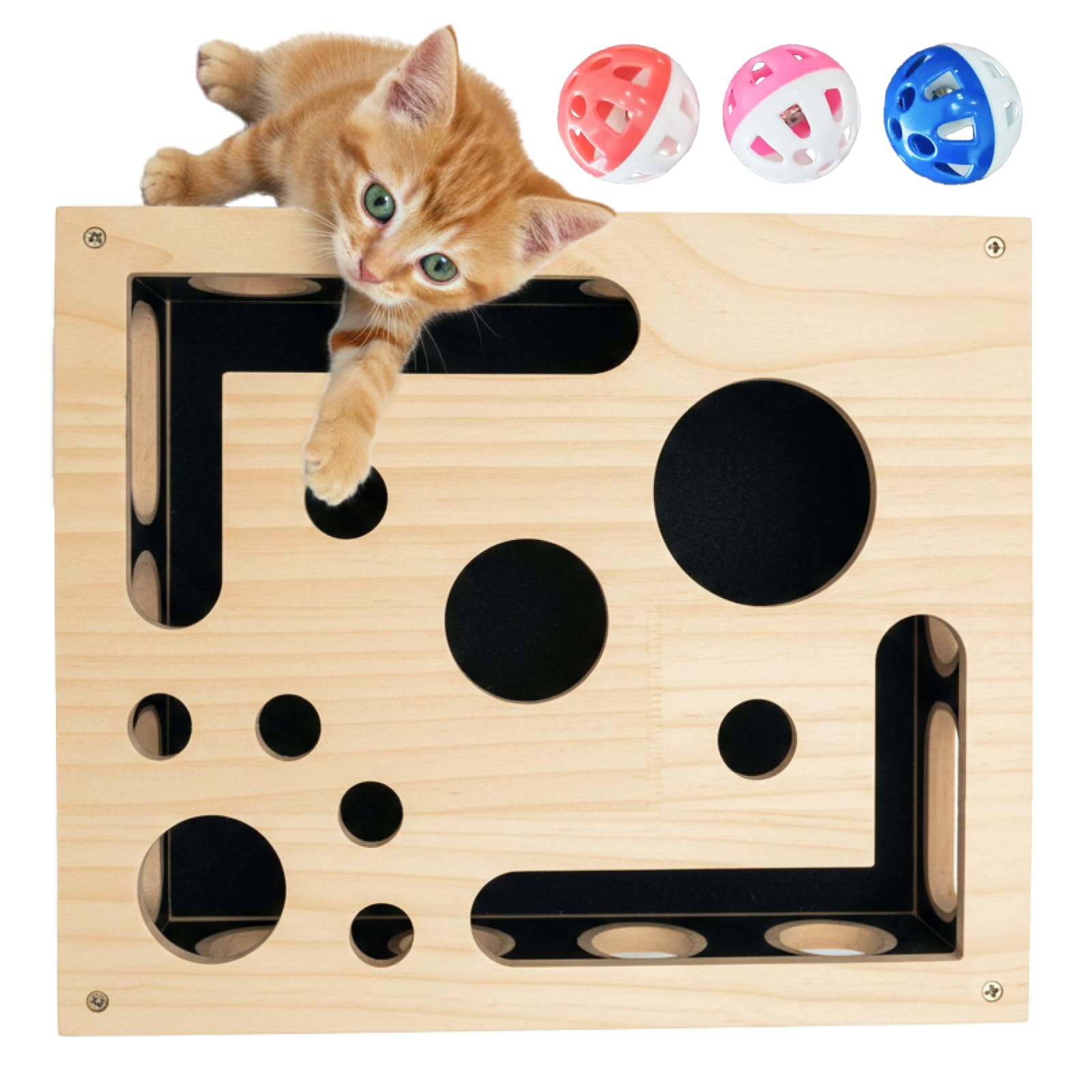 Yumcute caja-enriquecimiento-gato-madera-frente para juego y cuidado de uñas.