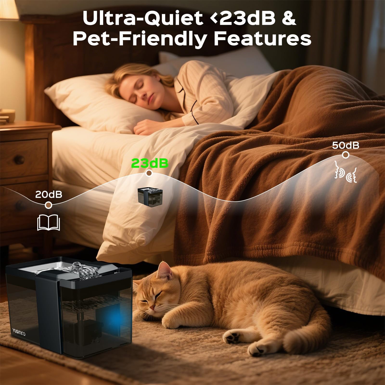 Bomba ultra silenciosa YUSMOO funciona a 23 dB para mascotas sensibles.