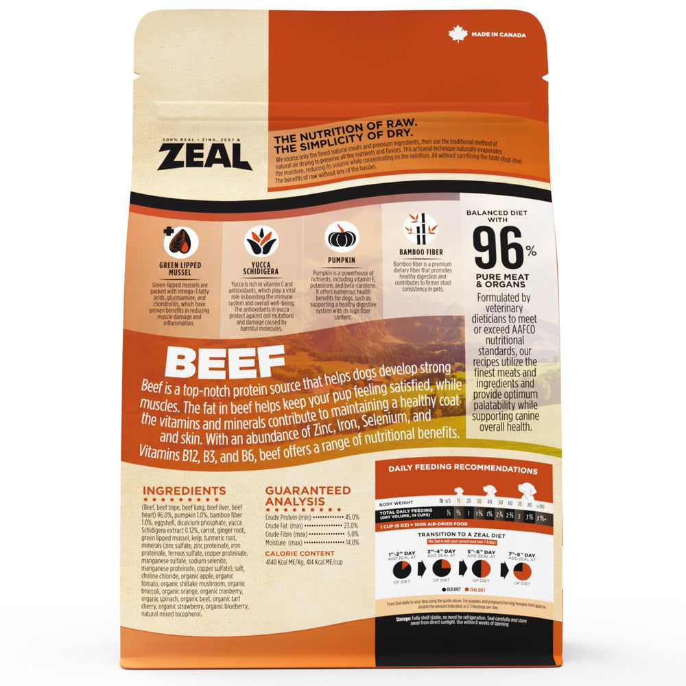 ZEAL 96% carne y órganos ofrece proteína de alta calidad para perros.