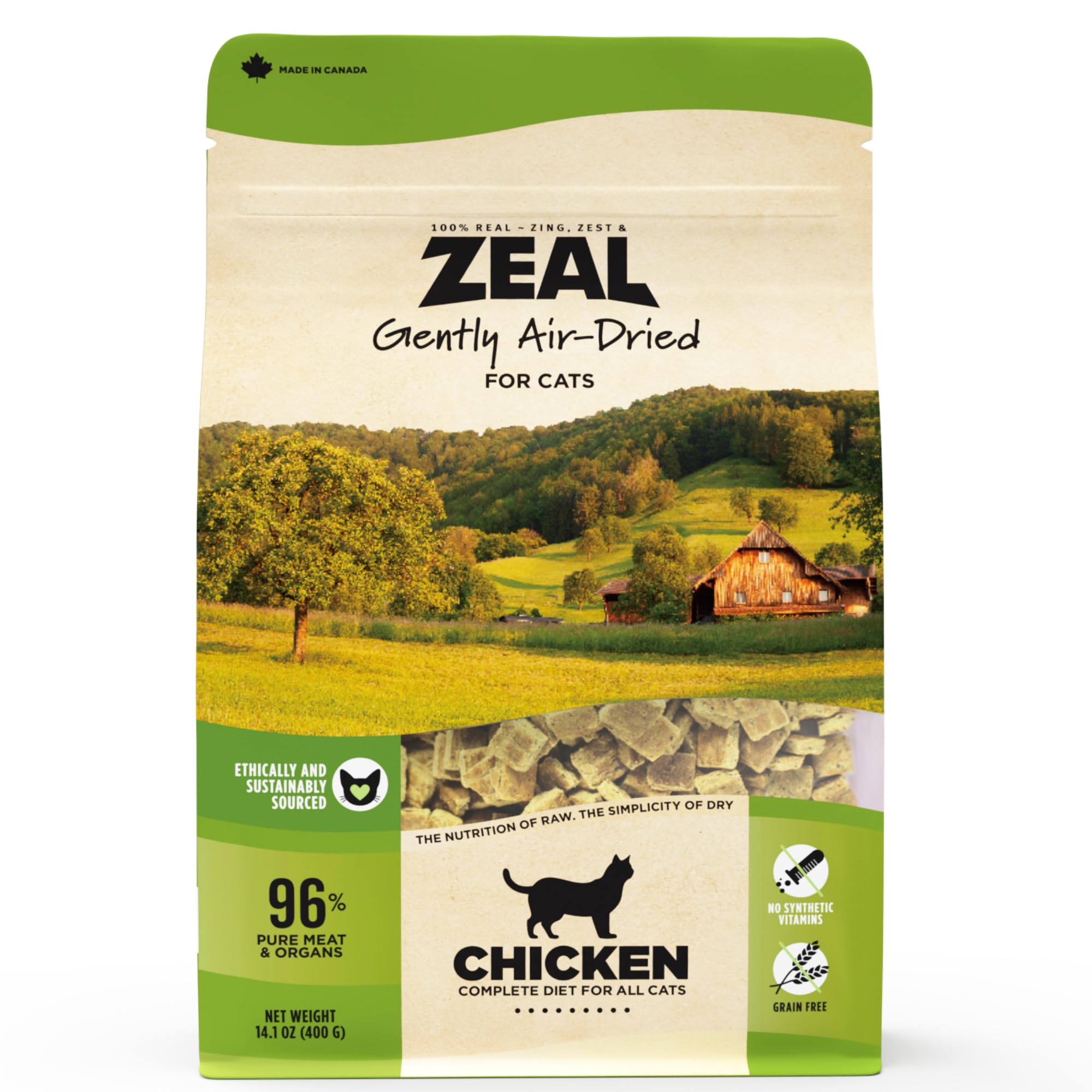 ZEAL alimento para gatos deshidratado de pollo, ingredientes naturales.