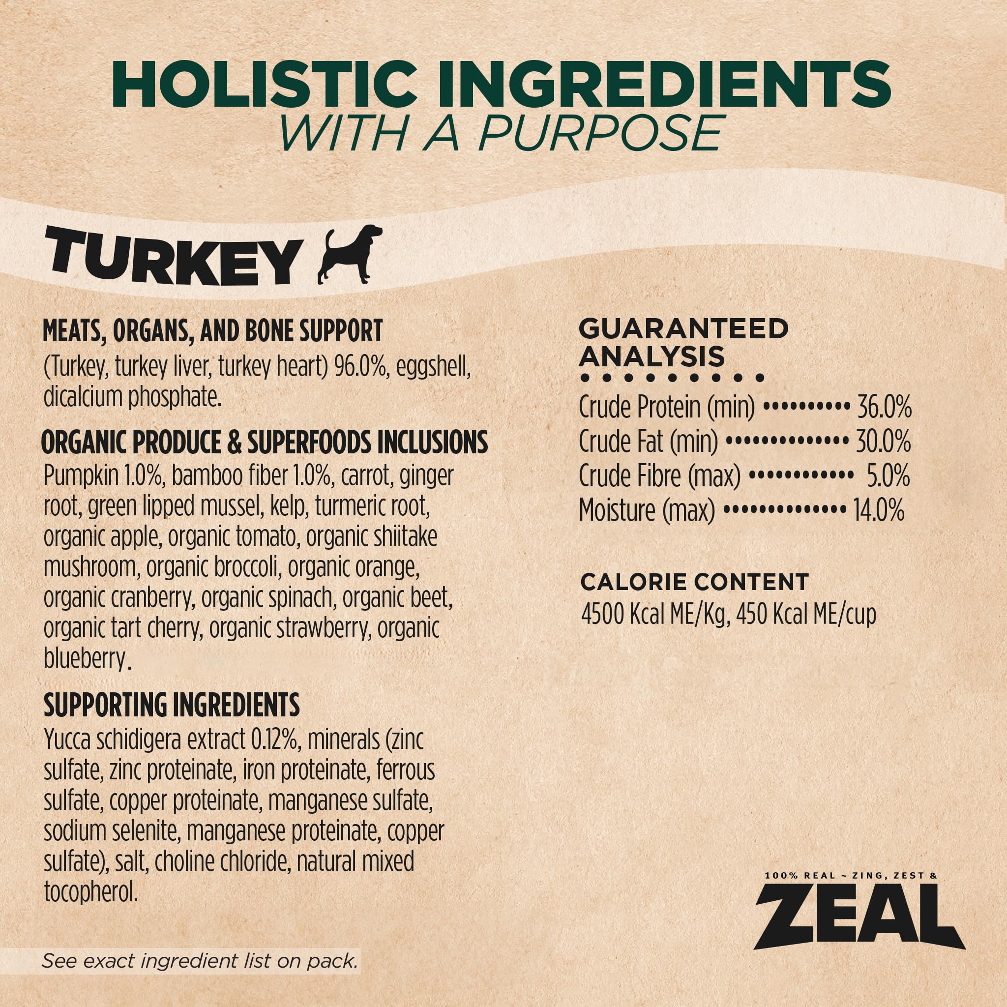 ZEAL Canadá pavo secado, cúrcuma raíz con sabor cálido y posibles beneficios.