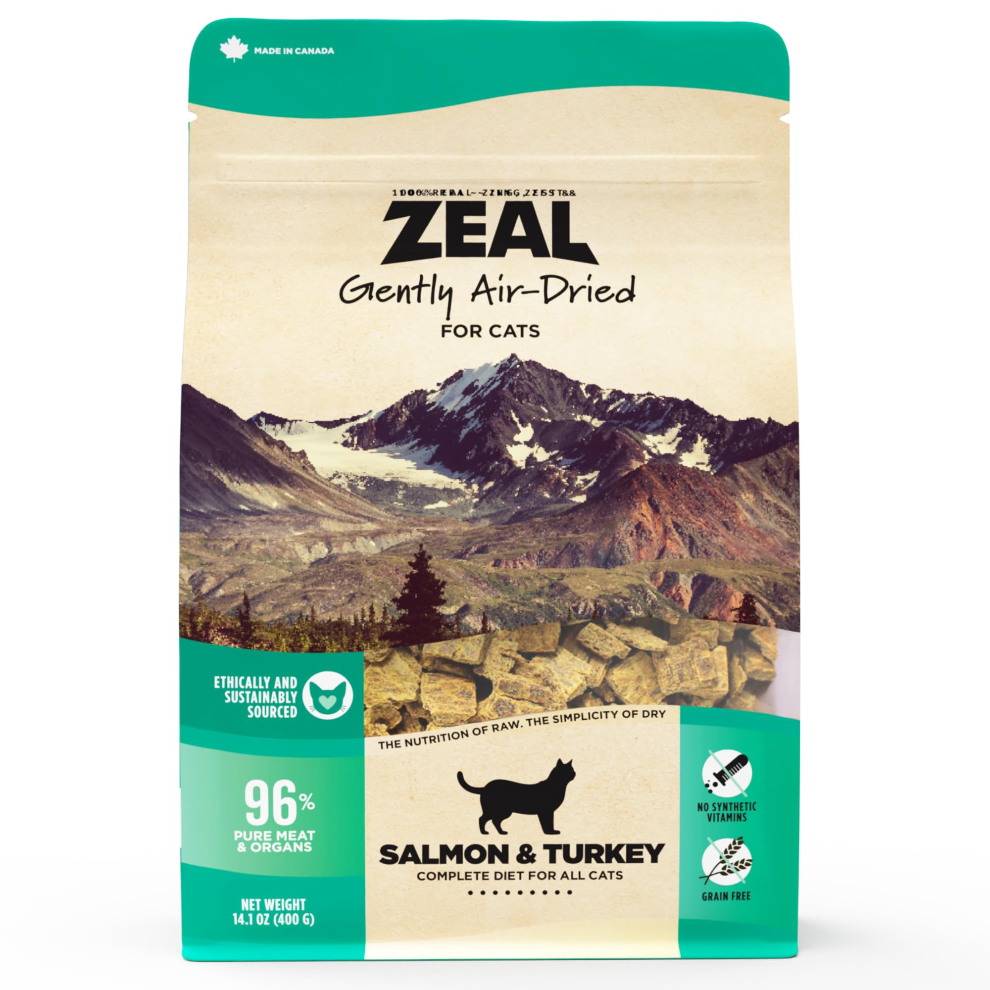 ZEAL Canadá salmón y pavo deshidratado al aire en tazón, proteína de calidad para gatos.