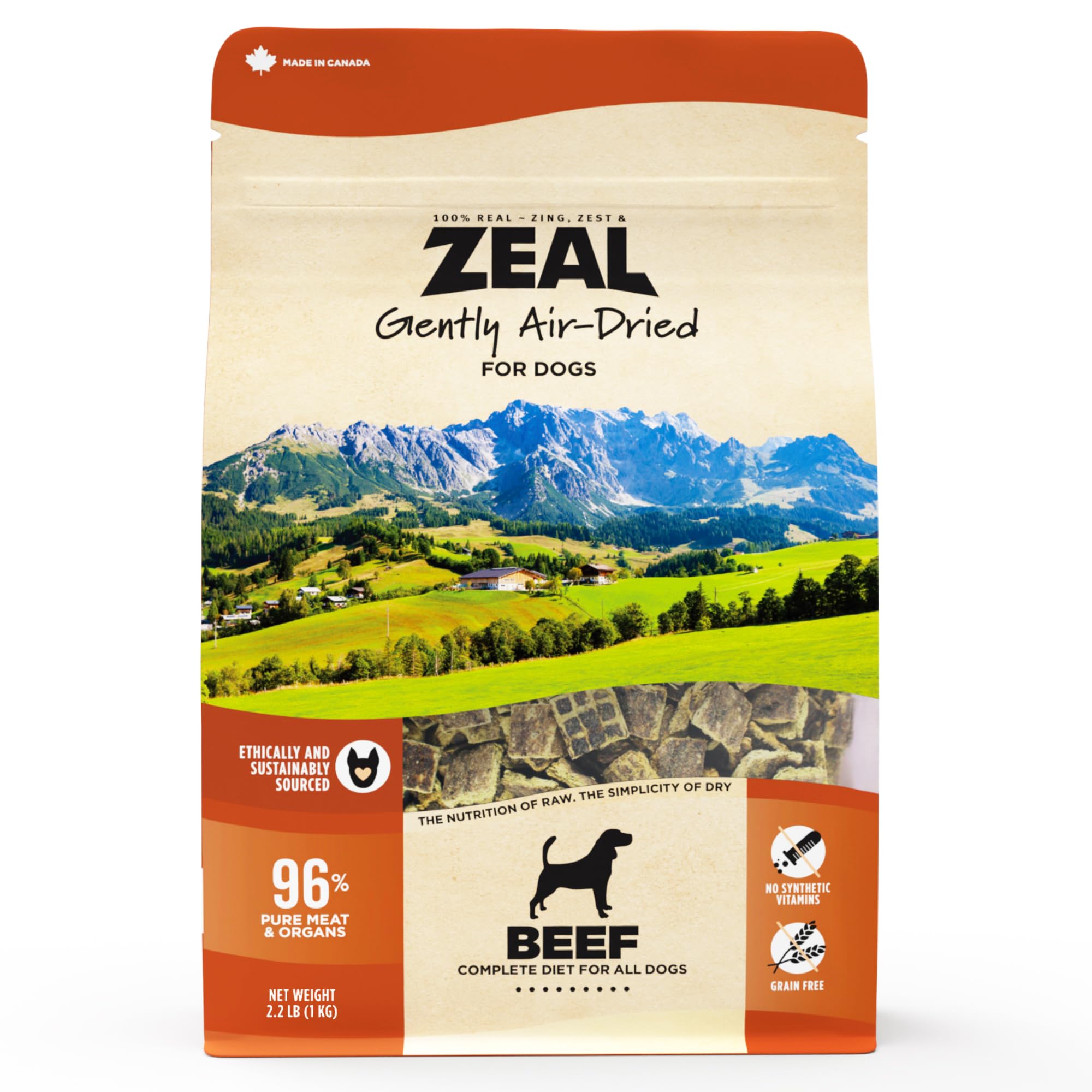ZEAL res deshidratado al aire para perros en empaque práctico.
