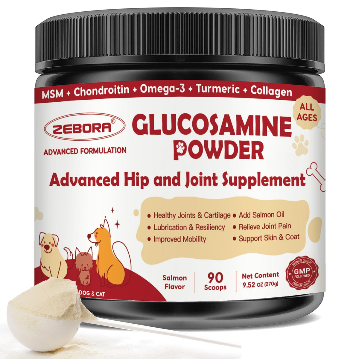 ZEBORA glucosamina para perros, frasco, soporte articular para movilidad diaria.