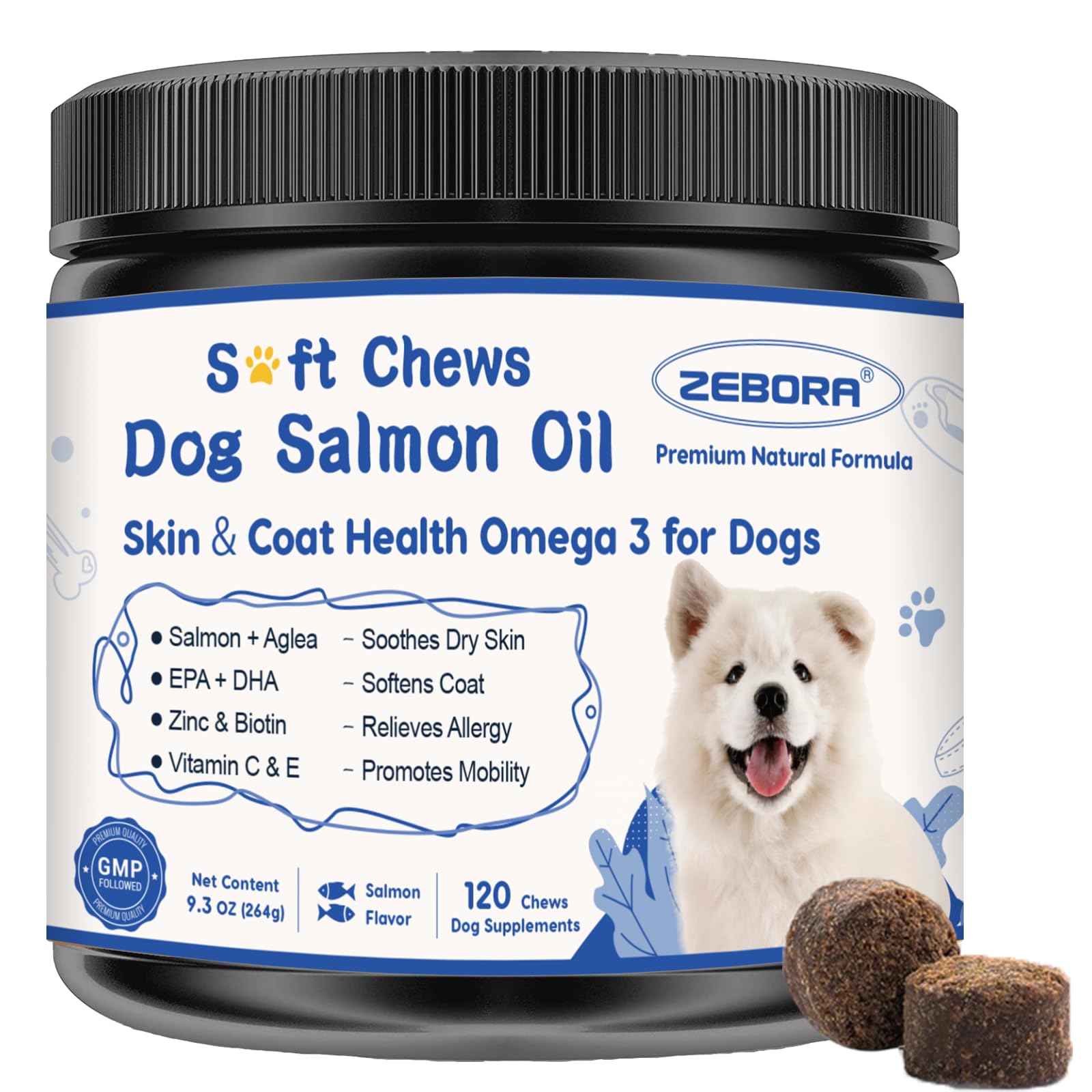 ZEBORA masticables de salmón para perros en frasco, apoyo potencial a piel y pelaje