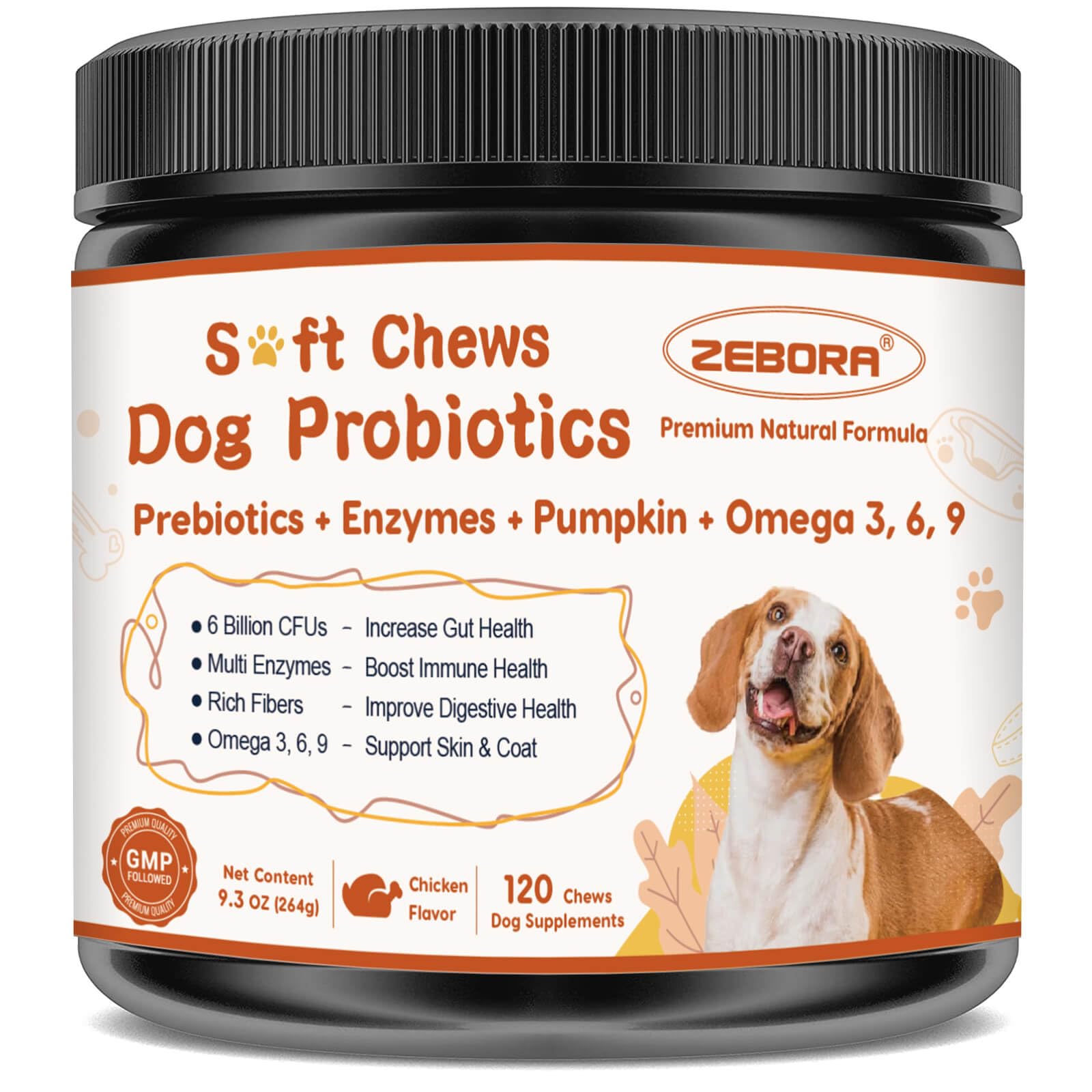 ZEBORA Probiotics for Dogs bottle showing six-in-one formula for gut health