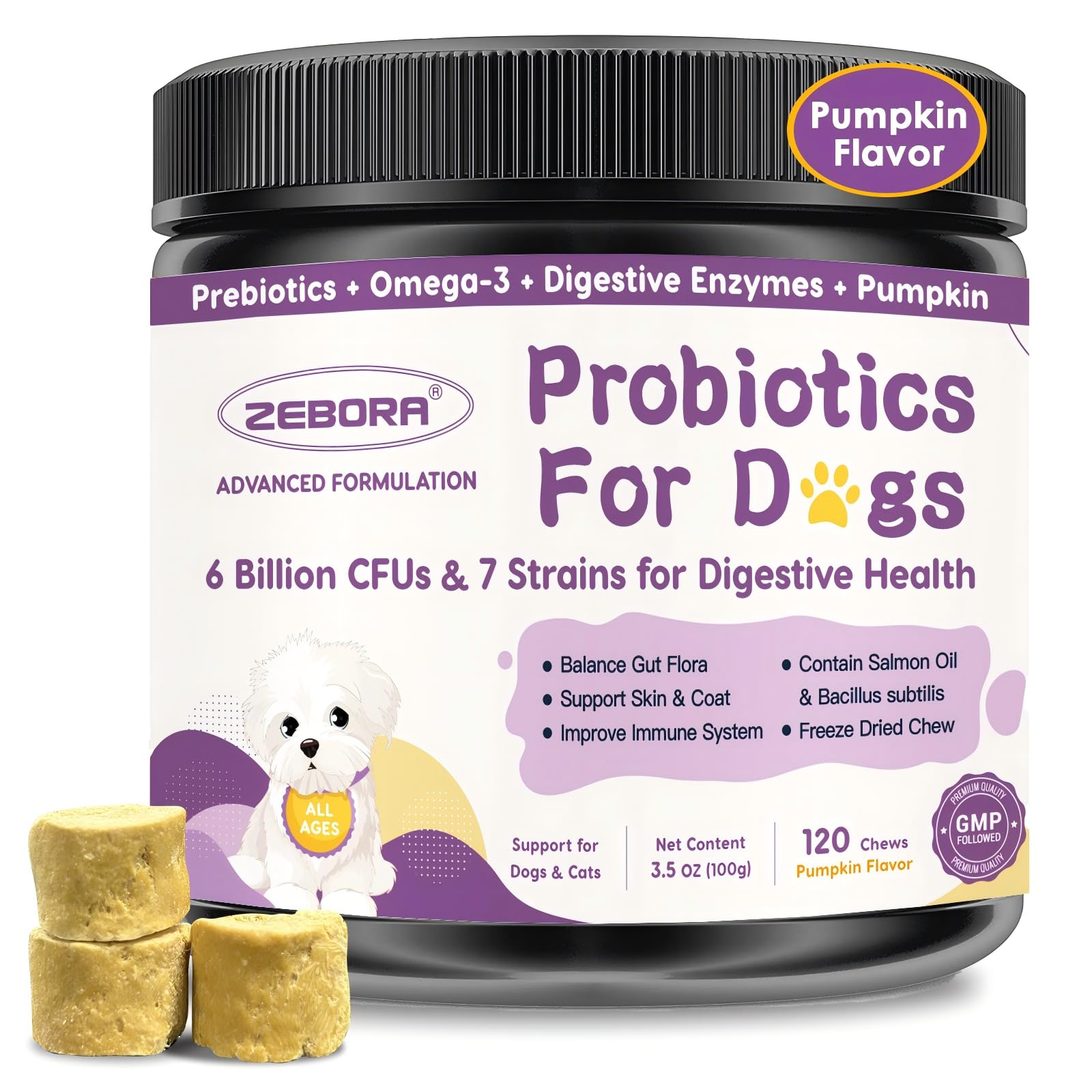 ZEBORA Probiotics para perros: envase con pastillas masticables liofilizadas.