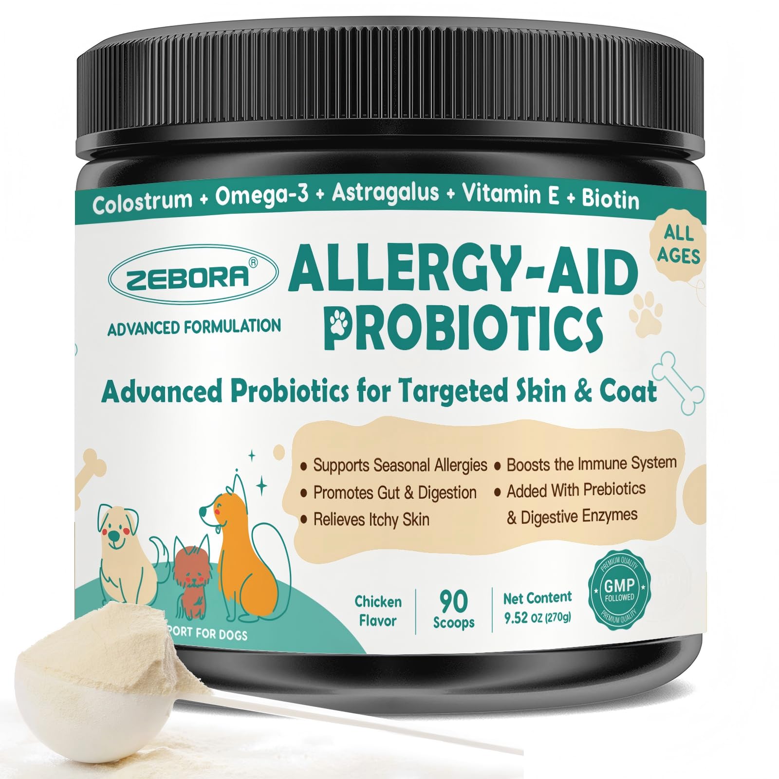 ZEBORA Probiotics para perros en bote frontal, posible apoyo digestivo