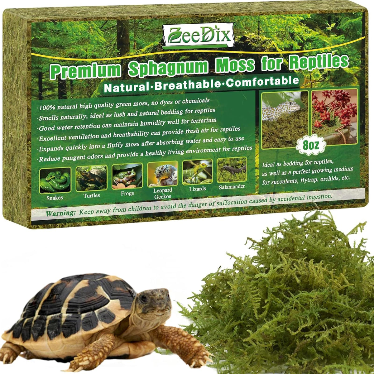 ZeeDix musgo sphagnum 8oz para reptiles, proporciona sustrato suave y natural