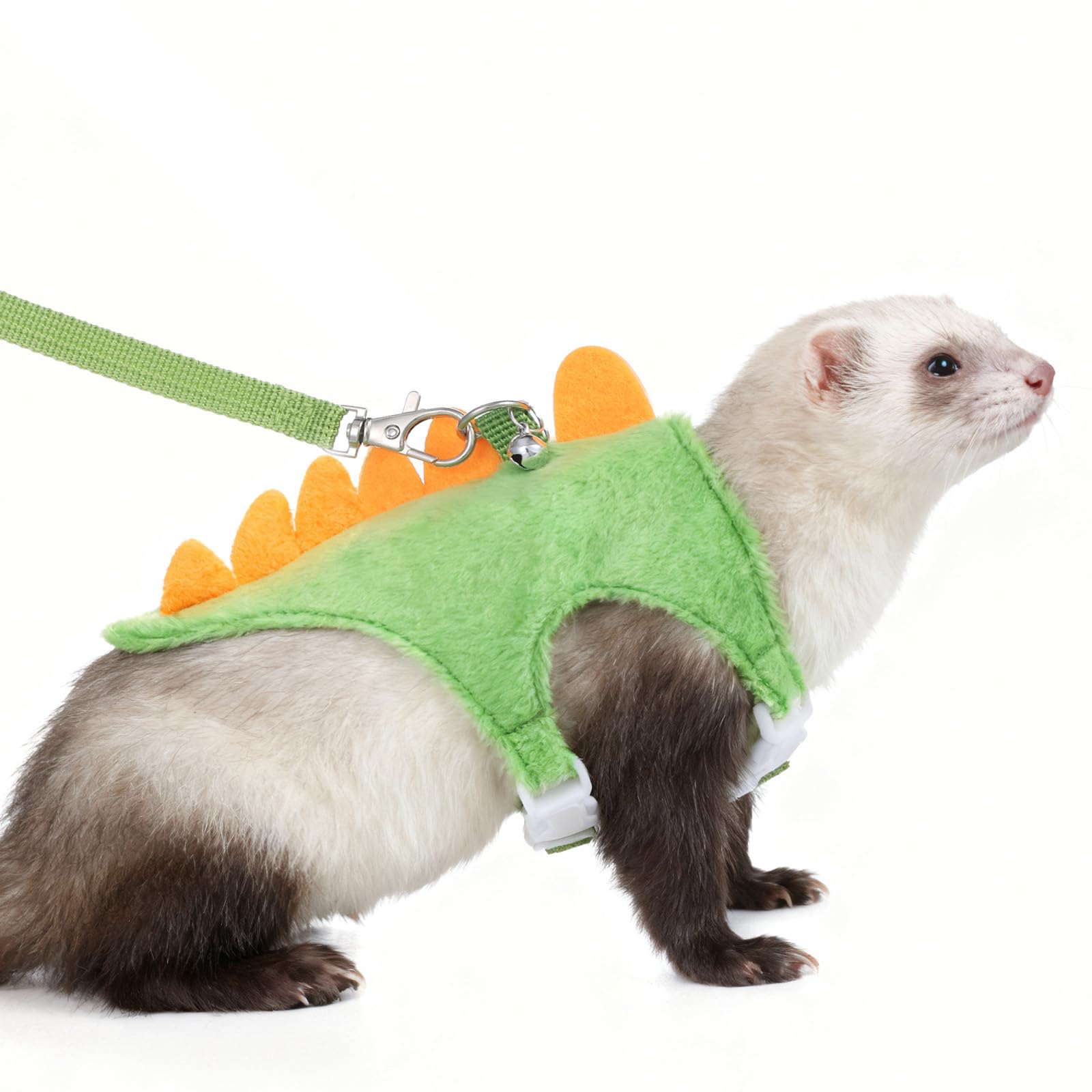Zelphvt arnés para hurón con diseño dinosaurio verde, cómodo durante paseos al aire libre.
