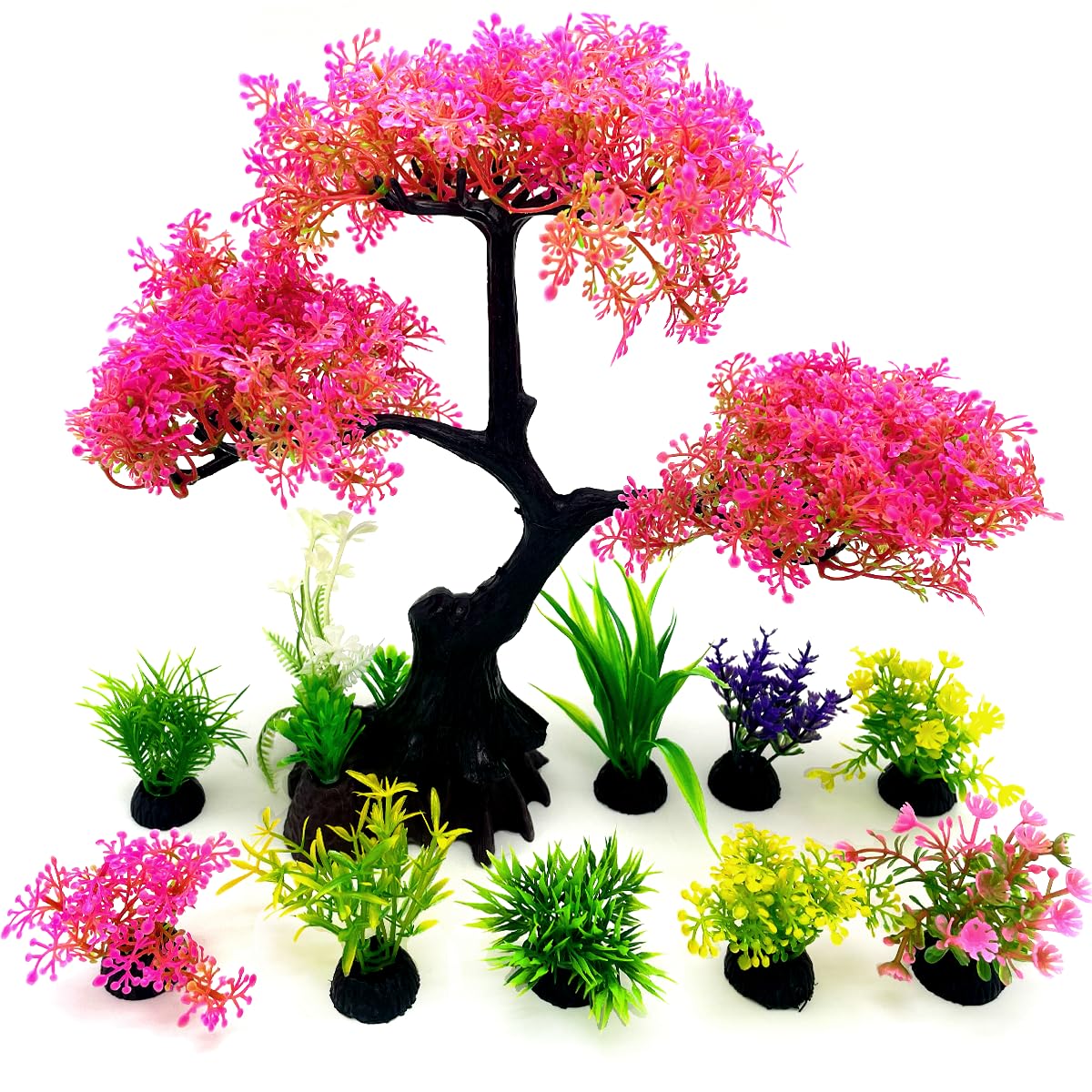 Zeromall árbol cerezo artificial para acuario con base cerámica estable y aspecto realista.