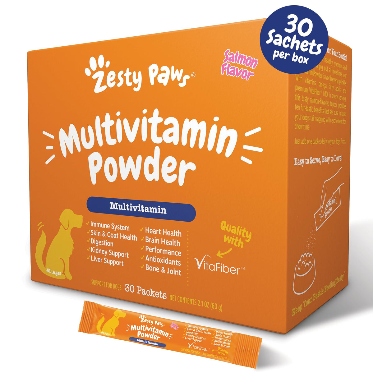 Zesty Paws 10-en-1 para perros, polvo sabor salmón, apoyo general para la alimentación diaria.