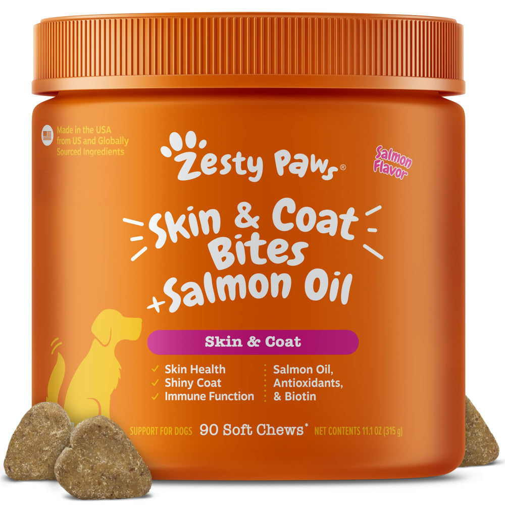 Zesty Paws aceite de salmón en botella, goteo suave para apoyar la humedad de la piel.