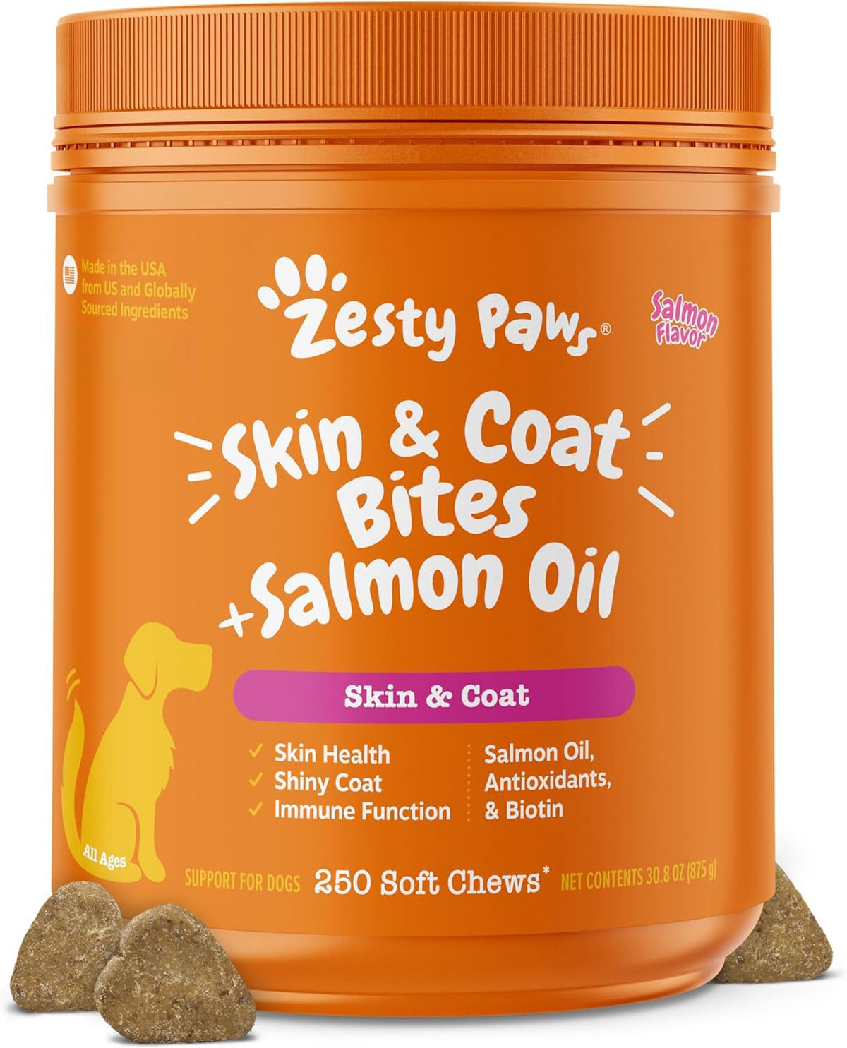 Zesty Paws Aceite de salmón para perros, botella visible para piel saludable