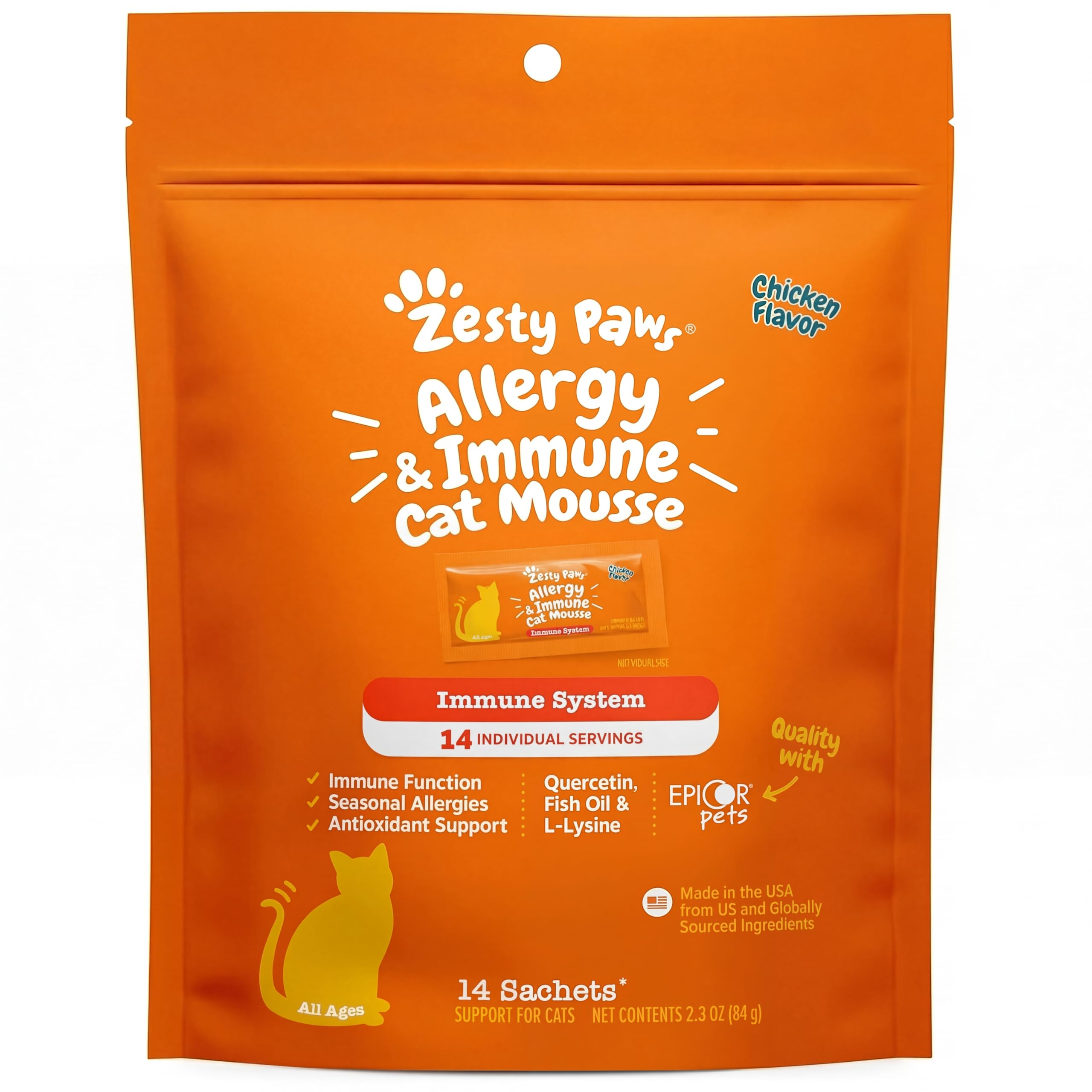 Zesty Paws Mousse Alergia e Inmunidad frente al envase, apoyo al sistema inmunitario felino.
