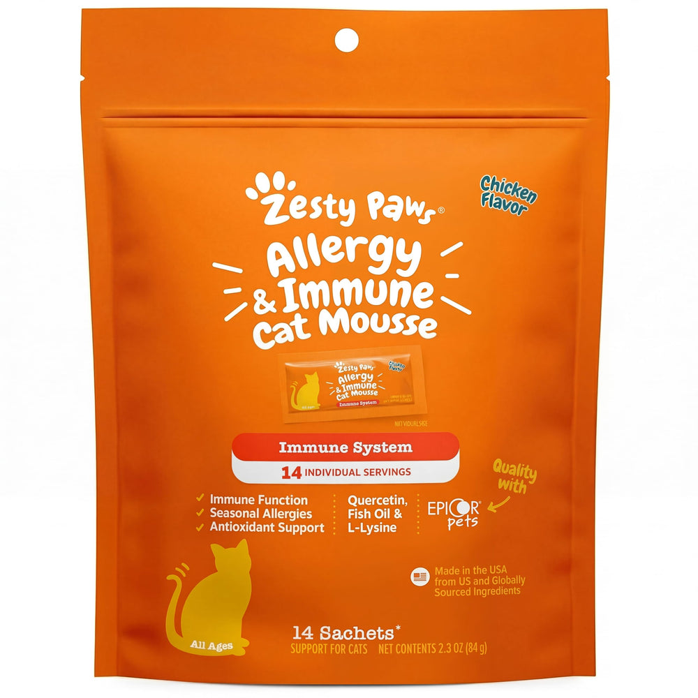Zesty Paws Mousse Alergia e Inmunidad frente al envase, apoyo al sistema inmunitario felino.