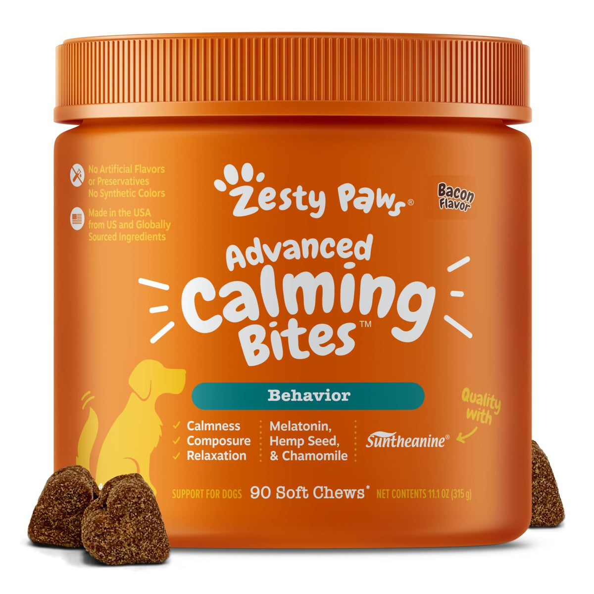 Bocaditos calmantes de Zesty Paws en envase, ideal para la relajación diaria de perros.