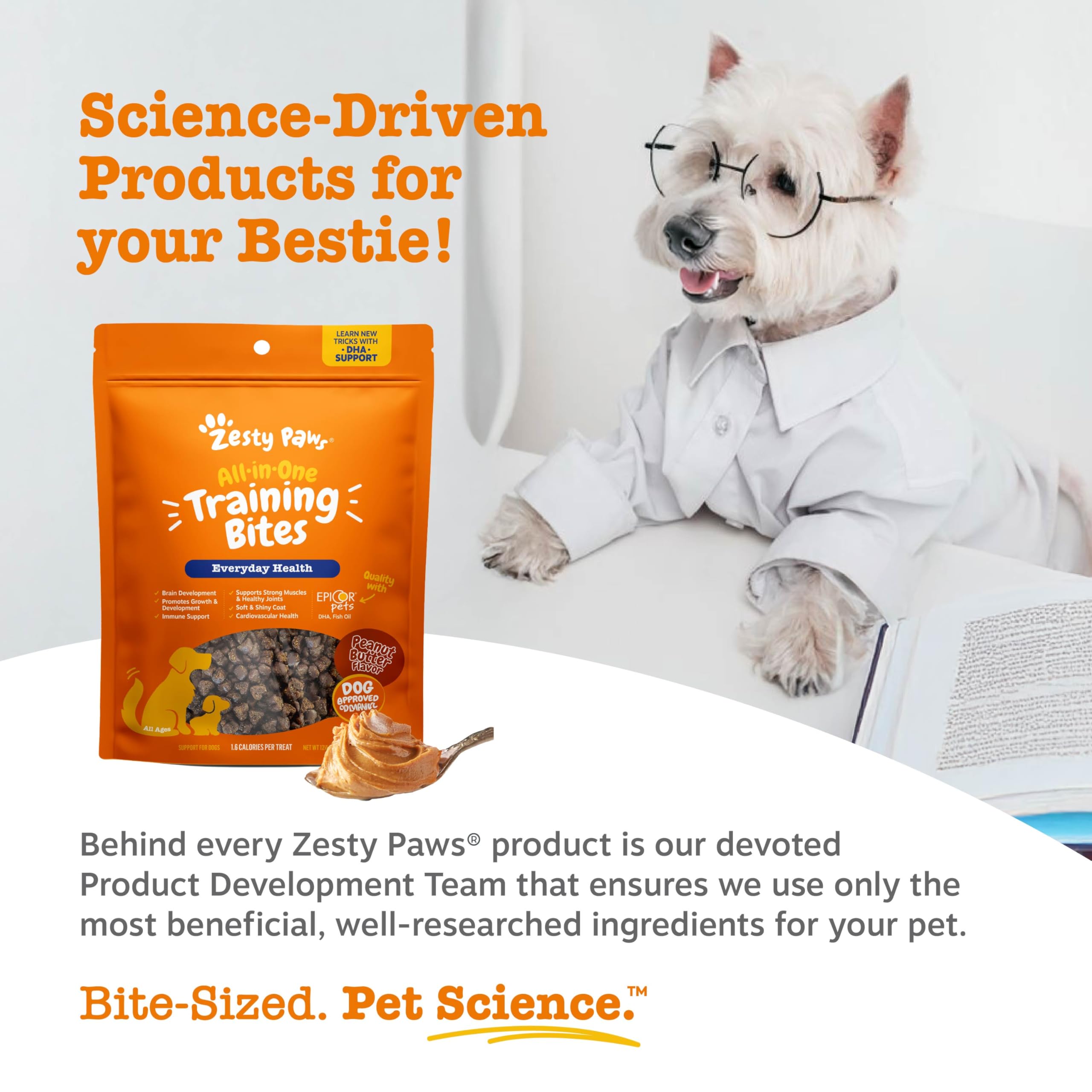 Bol rempli de friandises Zesty Paws, récompense adaptée pour les sessions.