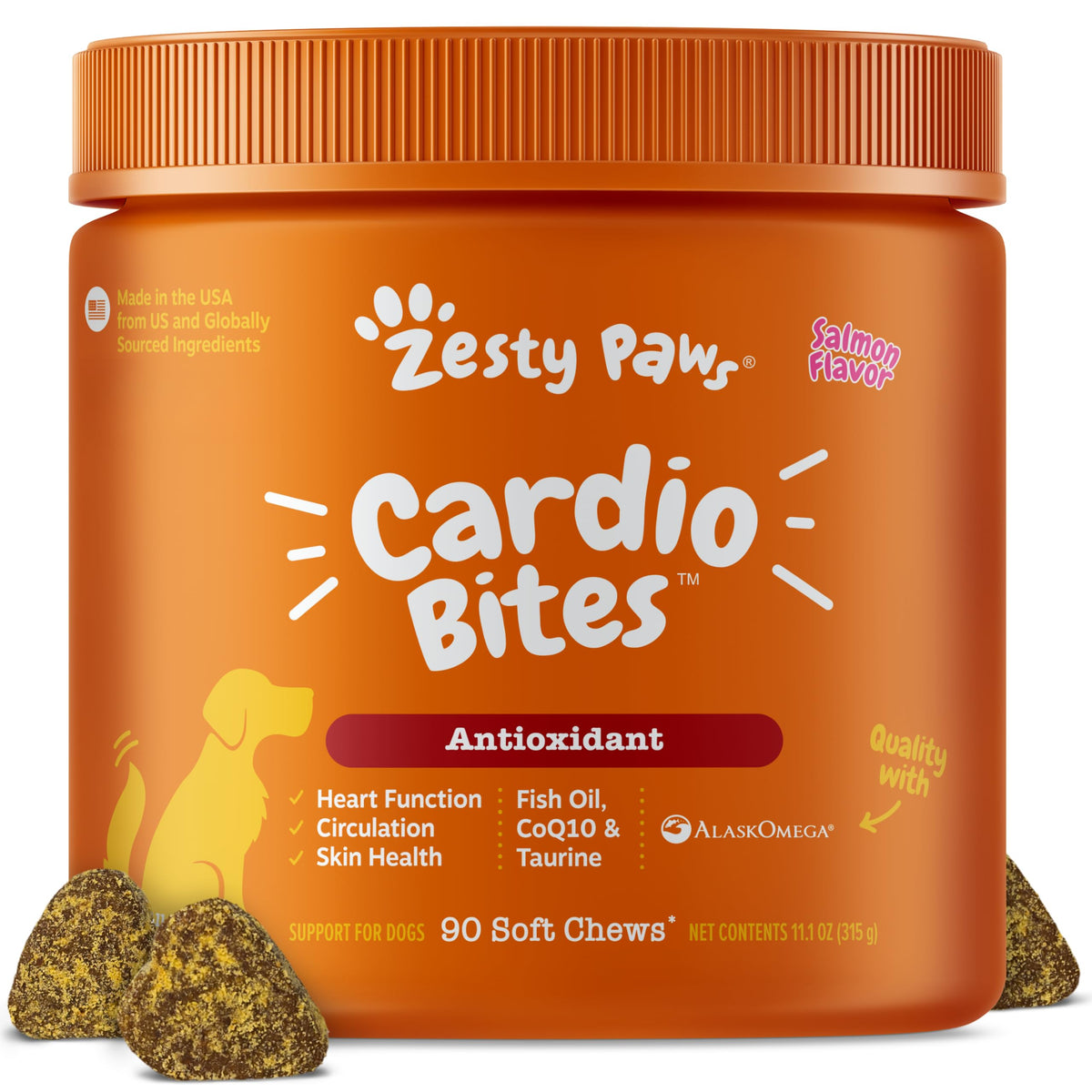 Zesty Paws Cardio Bites, vertido de botella, facilidad de dosis diaria.