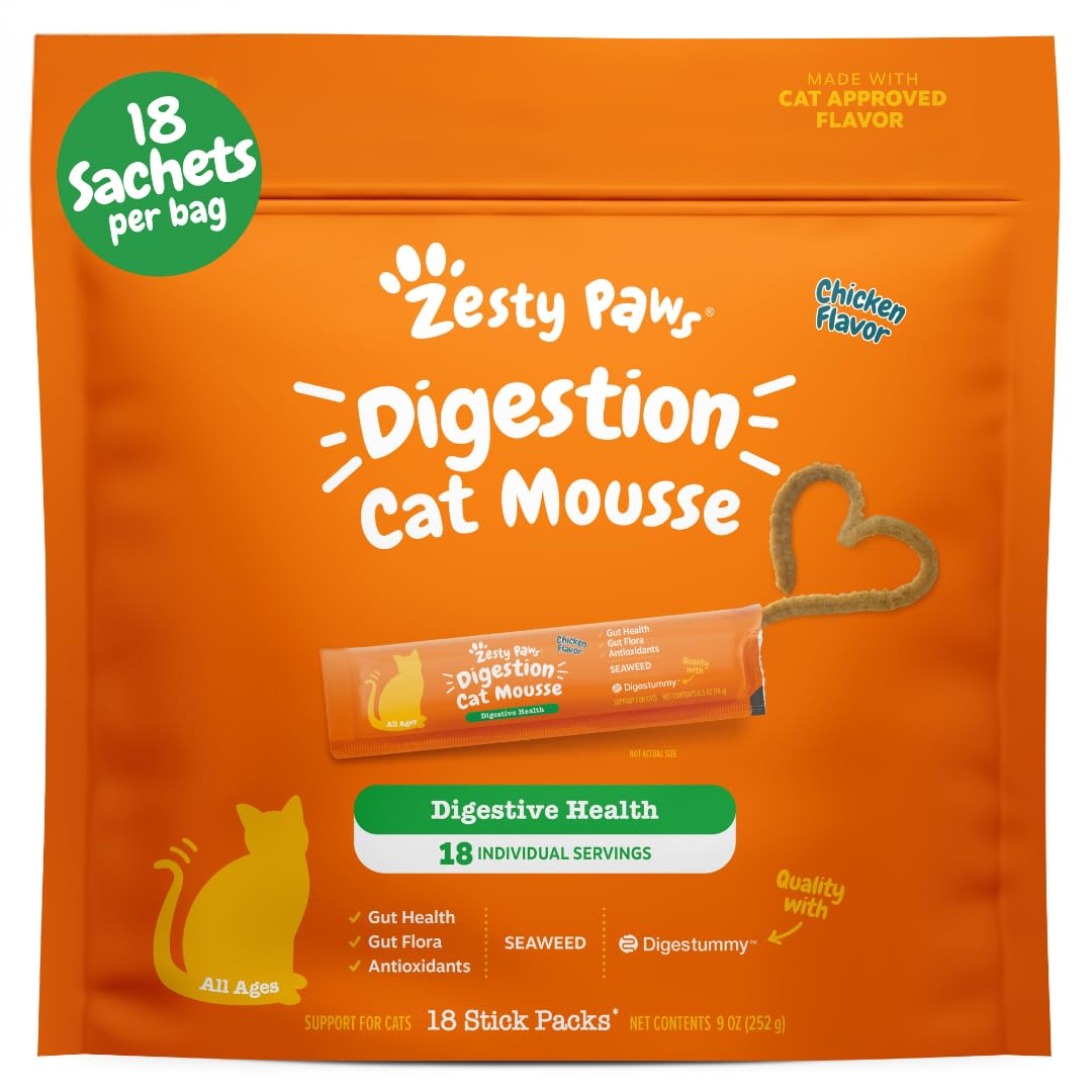 Zesty Paws Cat Mousse Squeezies: empaque de 18 unidades, snack práctico para gatos.