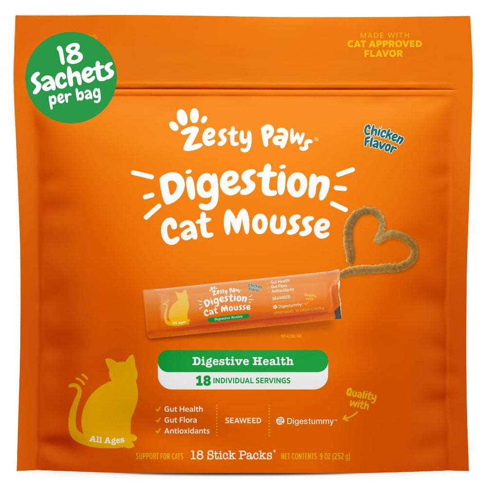 Zesty Paws Cat Mousse Squeezies: empaque de 18 unidades, snack práctico para gatos.