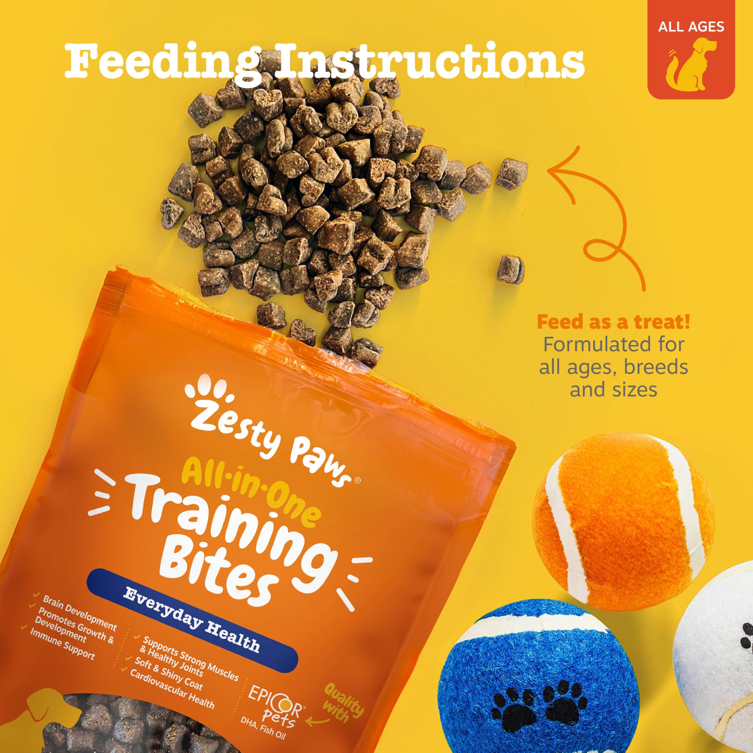 Chien en mouvement recevant une friandise Zesty Paws pendant l'exercice.