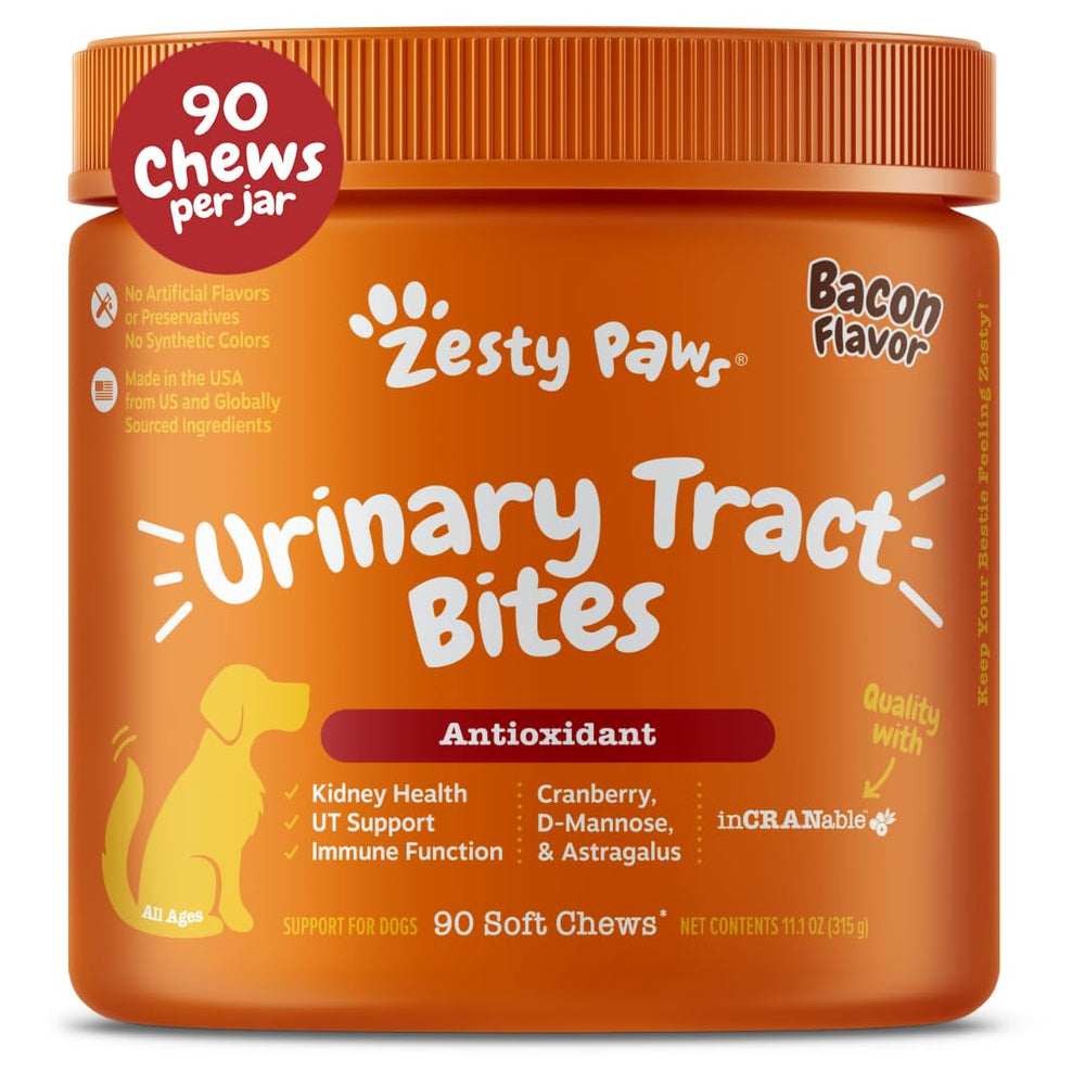 Zesty Paws Cranberry para perros: botella visible, apoyo urinario diario.