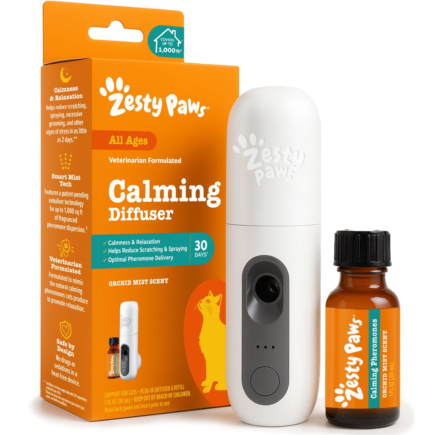 Difusor Zesty Paws para gatos en sala emitiendo feromonas calmantes.