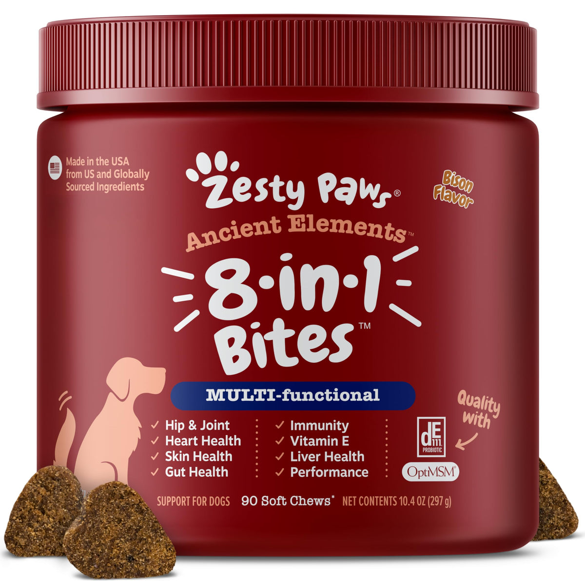Zesty Paws Dog Multivitamin: frasco en la encimera, apoyo integral para perros.
