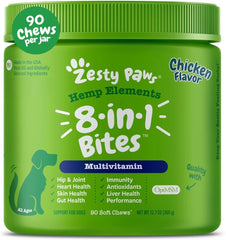 Zesty Paws 8 en 1 bocados para perros, empaque visible, soporte para la salud cardíaca.