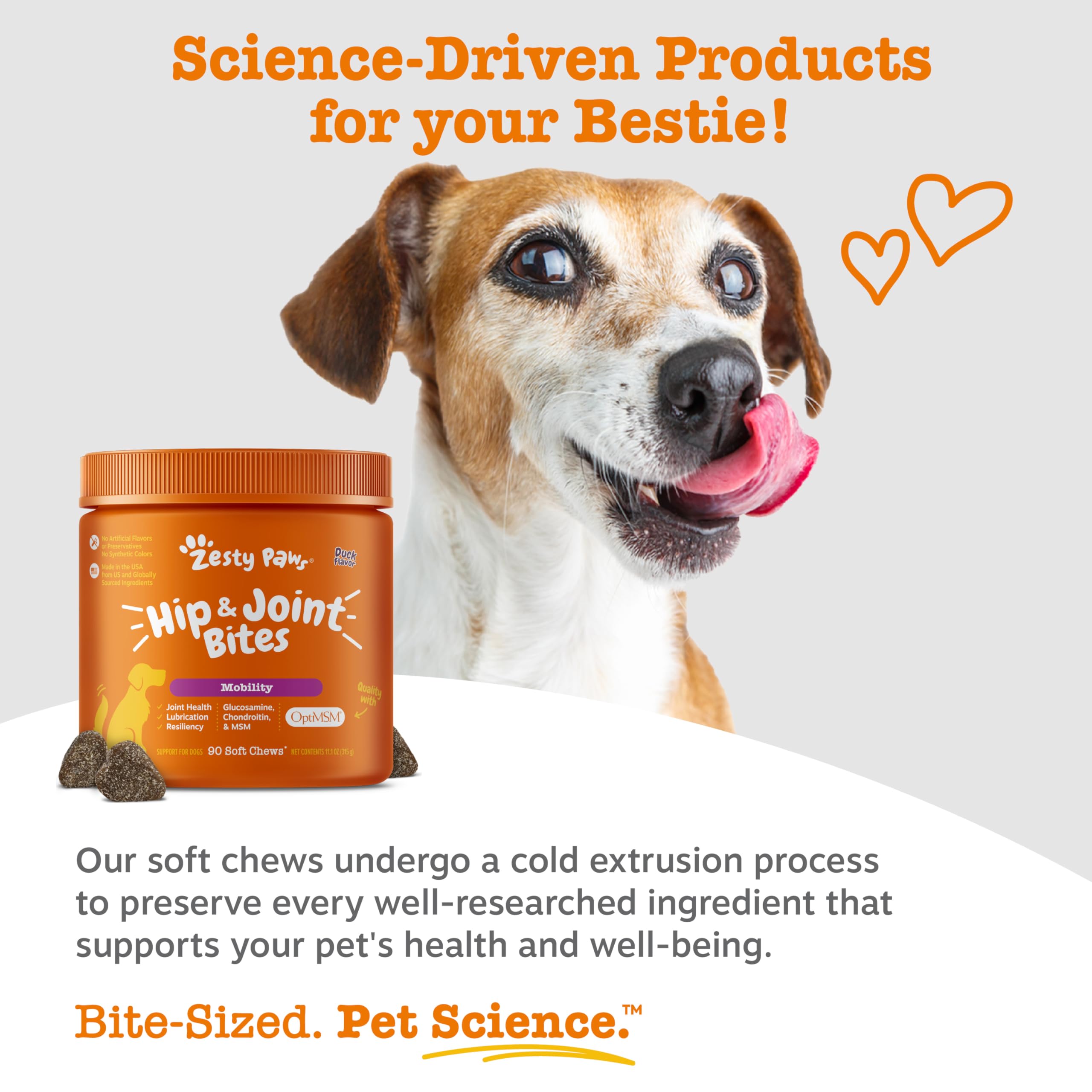 Etiqueta nutricional de Zesty Paws en bocado de pato para tejidos conectivos saludables.