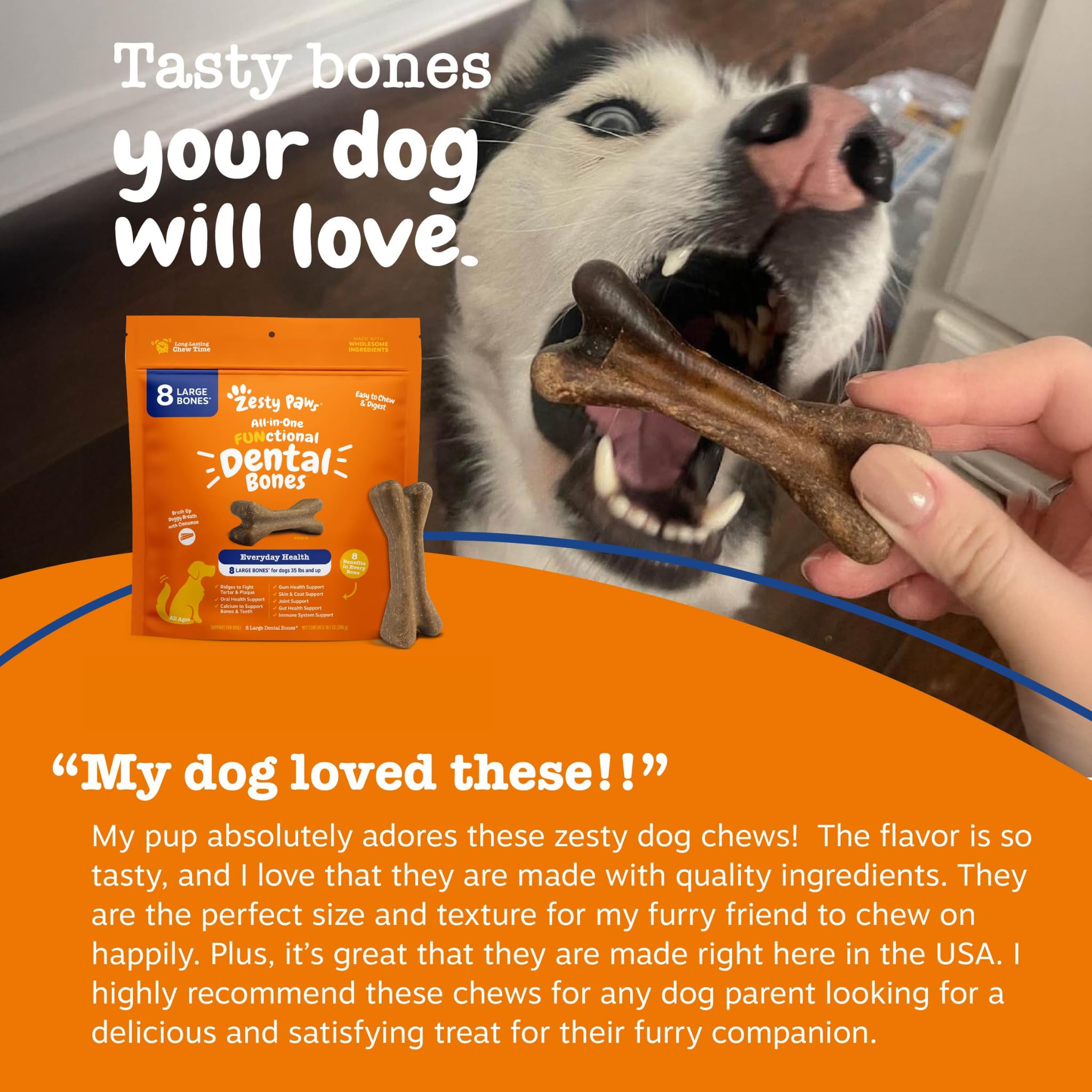 Huesos dentales Zesty Paws, envase de 8 unidades para perros grandes.