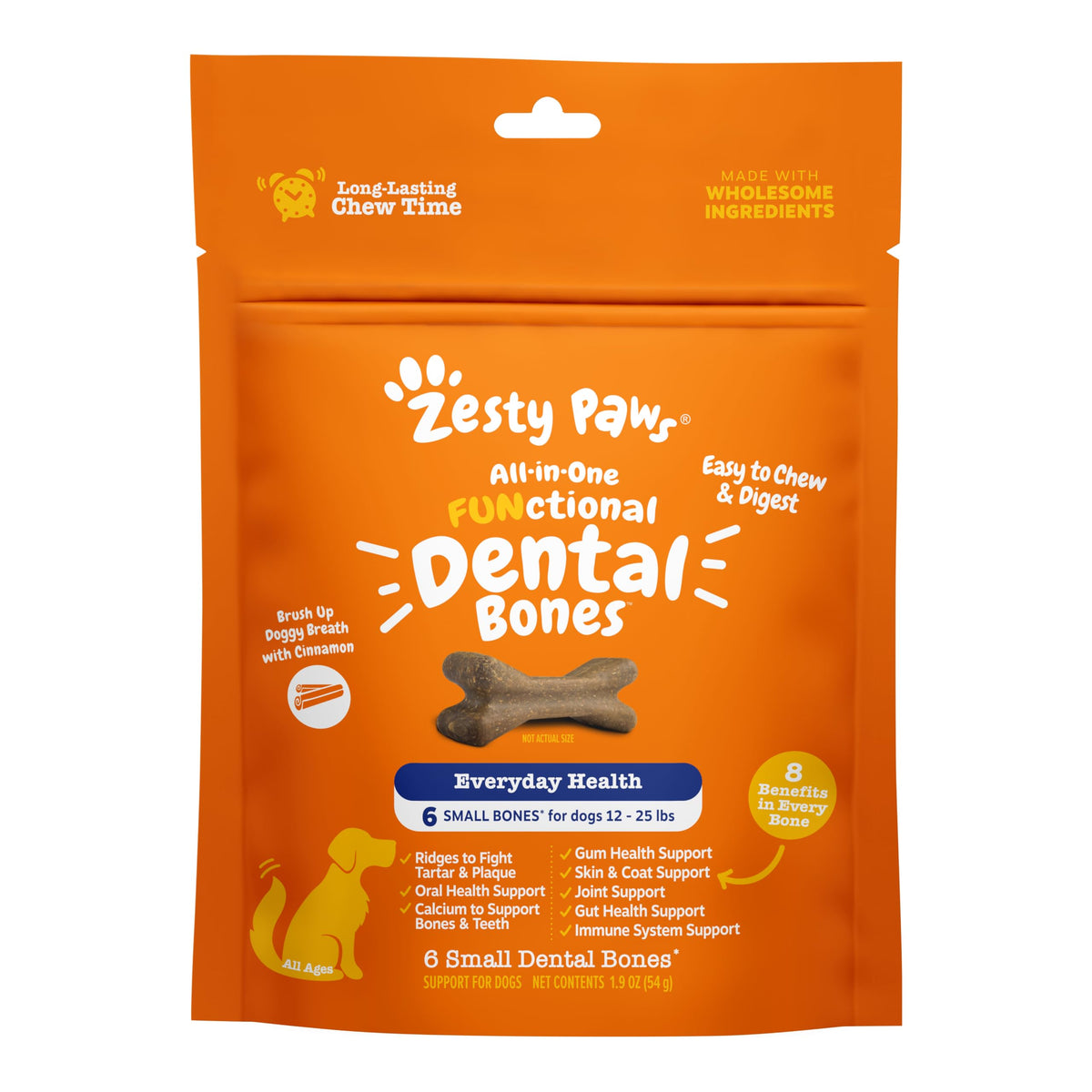 Zesty Paws Huesos dentales todo-en-uno para perros pequeños, apoyo a la higiene bucal diaria.