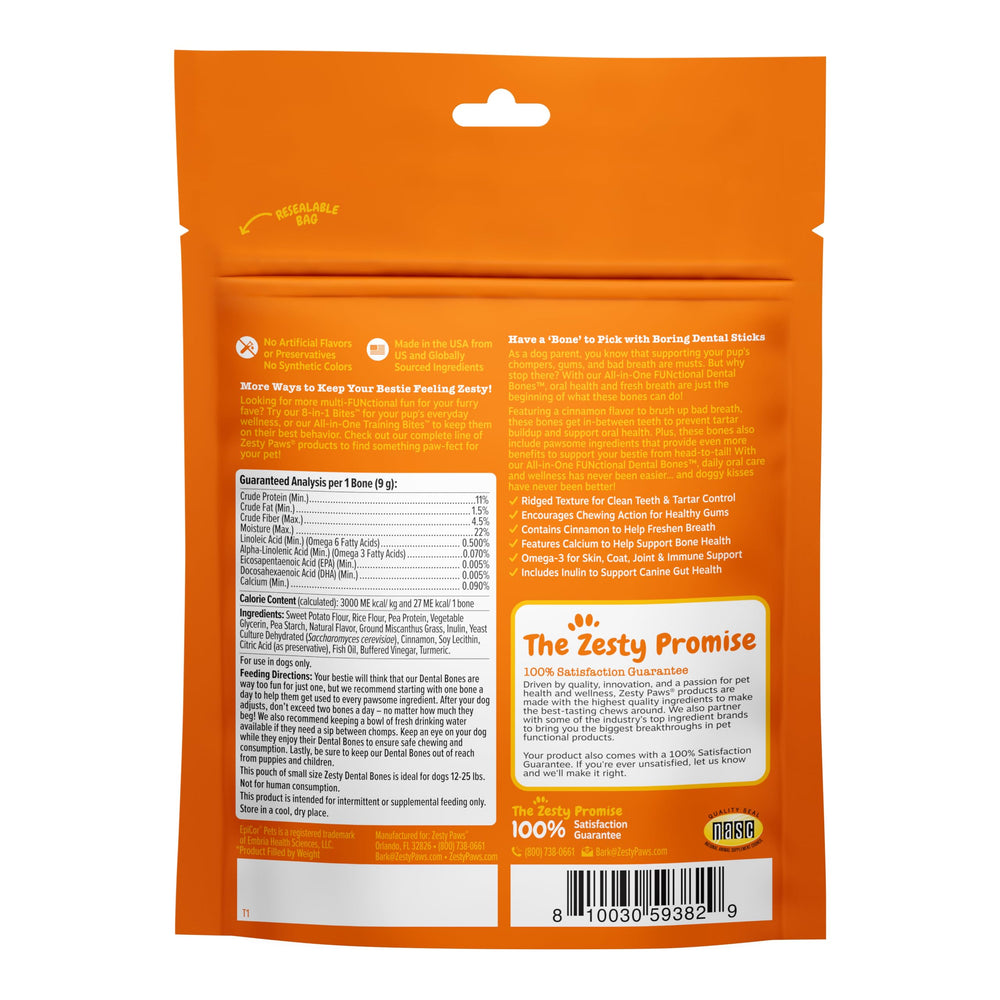 Zesty Paws Huesos dentales todo-en-uno, masticables para perros pequeños, favorece la recompensa diaria.
