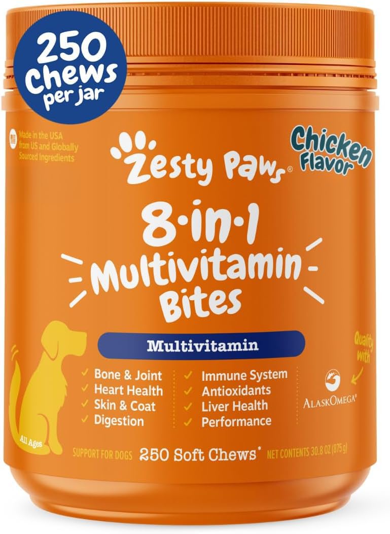 Zesty Paws multivitamínico para perros, empaque visible, apoyo a la salud general.