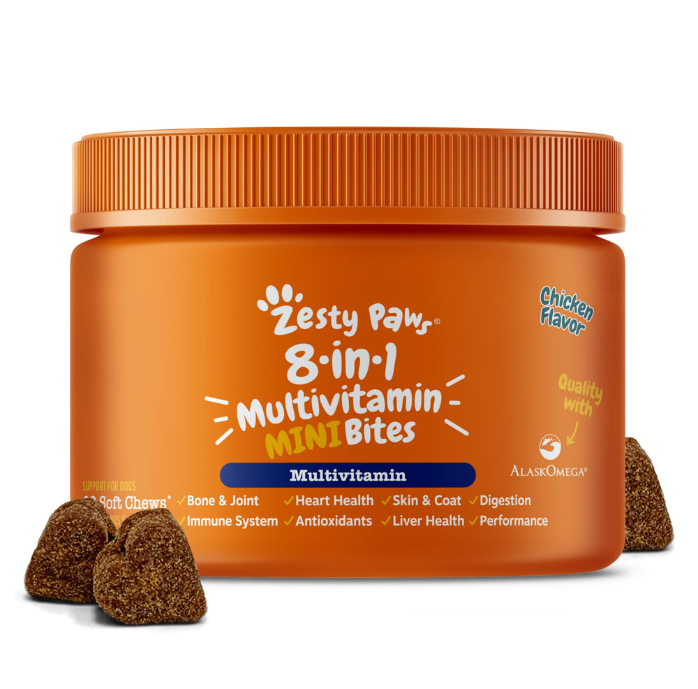 Zesty Paws multivitamínico para perros, botella de gominolas para vitalidad diaria.