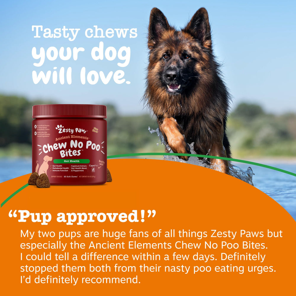Zesty Paws No Poo Bites sabor agradable para perros exigentes.