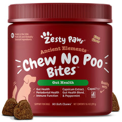 Zesty Paws No Poo Bites envase, apoyo digestivo para perros.