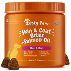 Zesty Paws Omega 3 para perros: botella visible, apoyo a piel y pelaje.