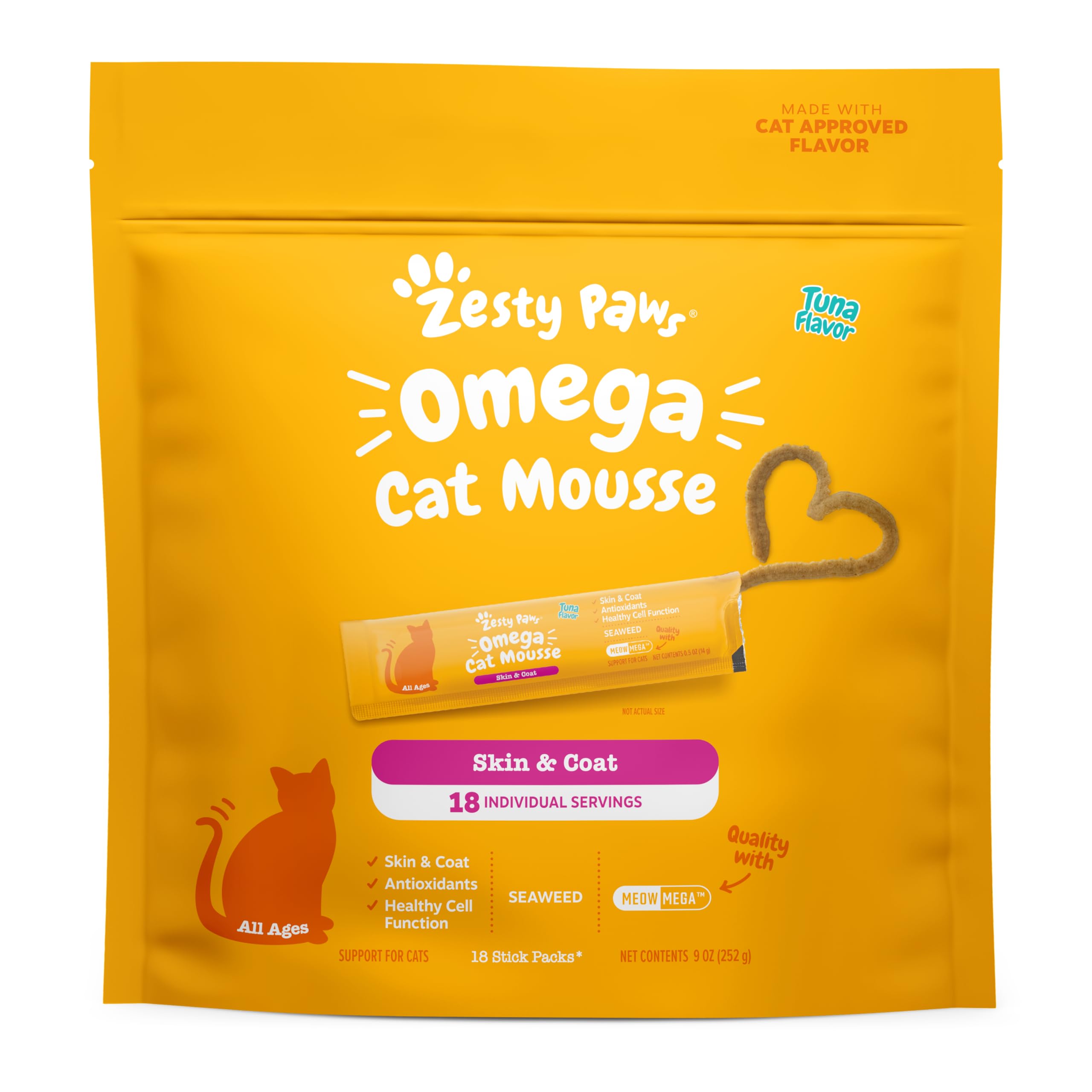 Zesty Paws Omega Cat Mousse en empaque de atún, sabor delicioso para pelaje