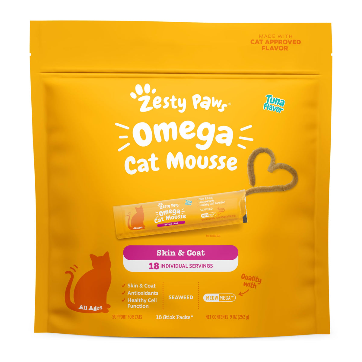Zesty Paws Omega Cat Mousse en empaque de atún, sabor delicioso para pelaje