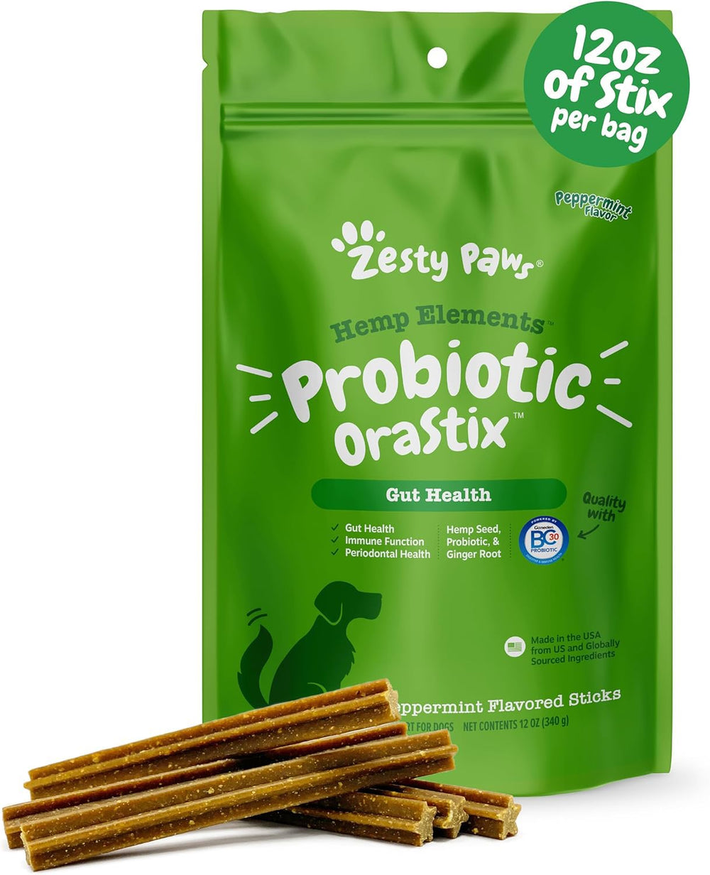 OraStix para perros de Zesty Paws, bastones probióticos para soporte intestinal y dental.