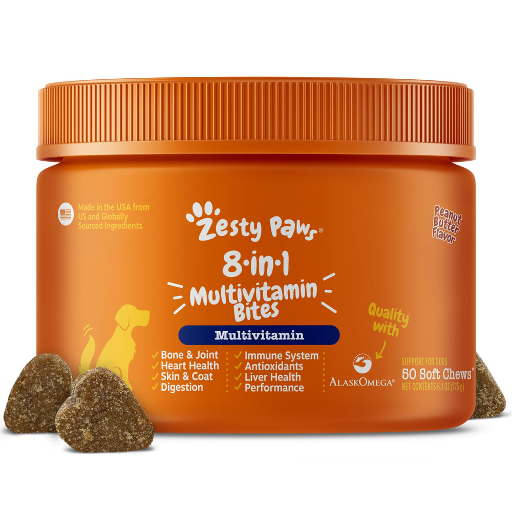 Zesty Paws: bote de multivitaminas para perro, soporte integral de salud diaria.